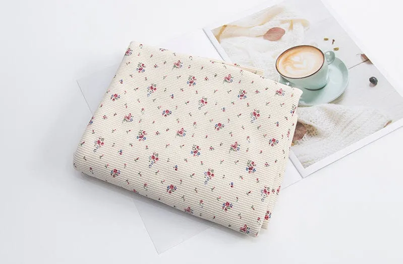 Waffle Fabric Cotton Blend, Honeycomb Floral Fabric, Flower Waffle Stretch Fabric - Ivory, Beige, Light Purple - By the Yard /54112