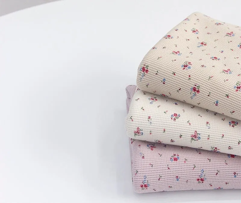 Waffle Fabric Cotton Blend, Honeycomb Floral Fabric, Flower Waffle Stretch Fabric - Ivory, Beige, Light Purple - By the Yard /54112