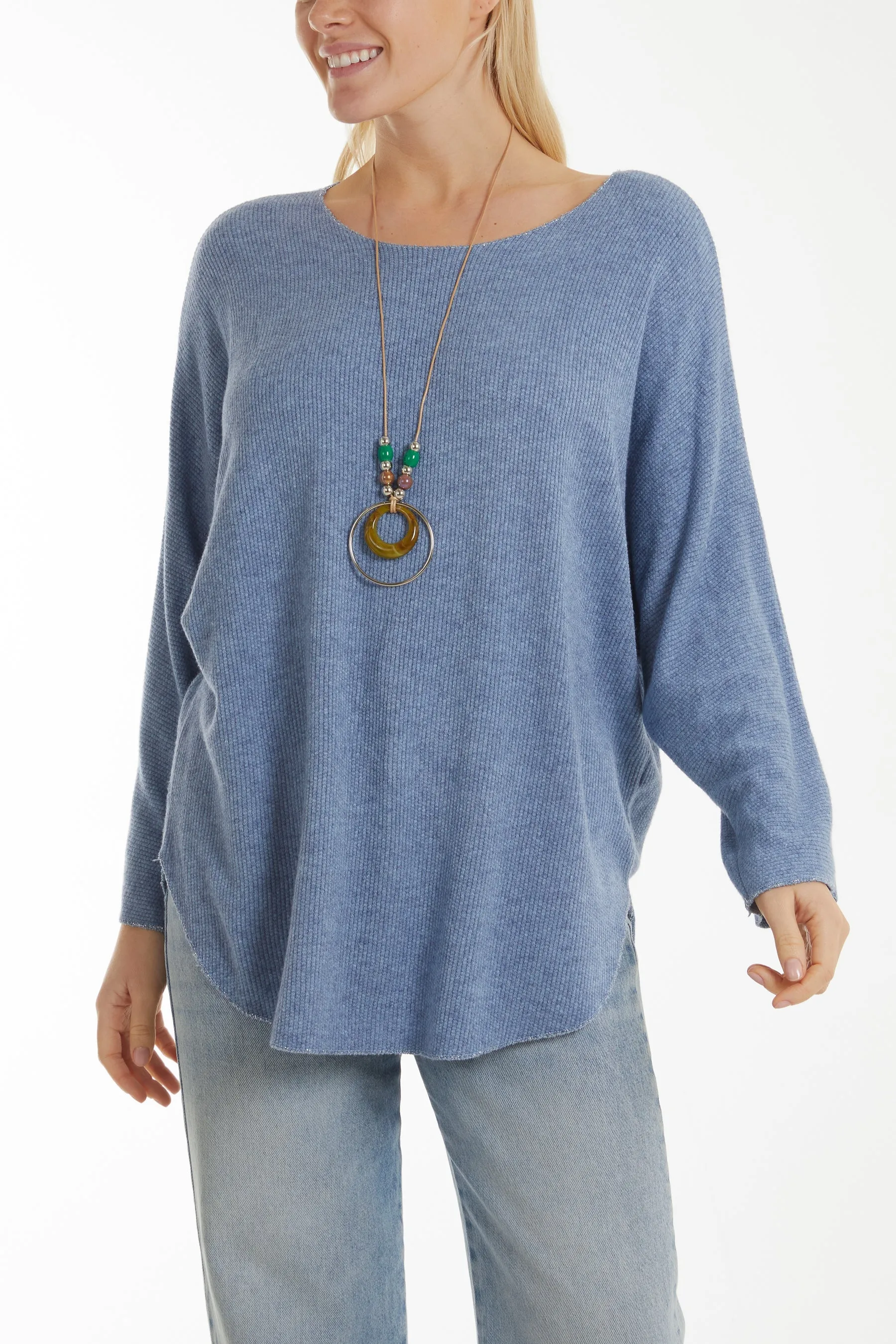 Waffle Fine Knit Batwing Necklace Jumper