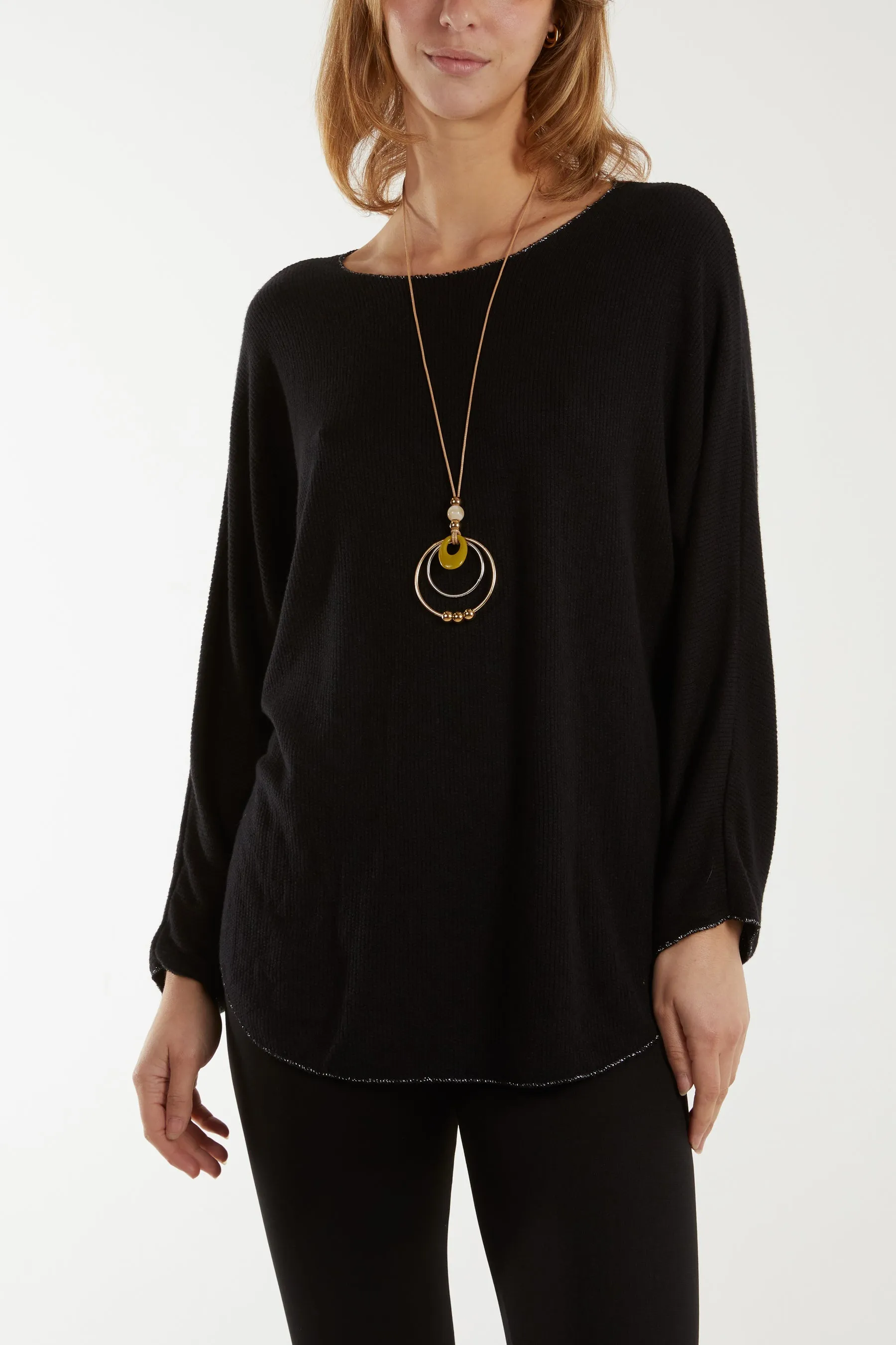 Waffle Fine Knit Batwing Necklace Jumper