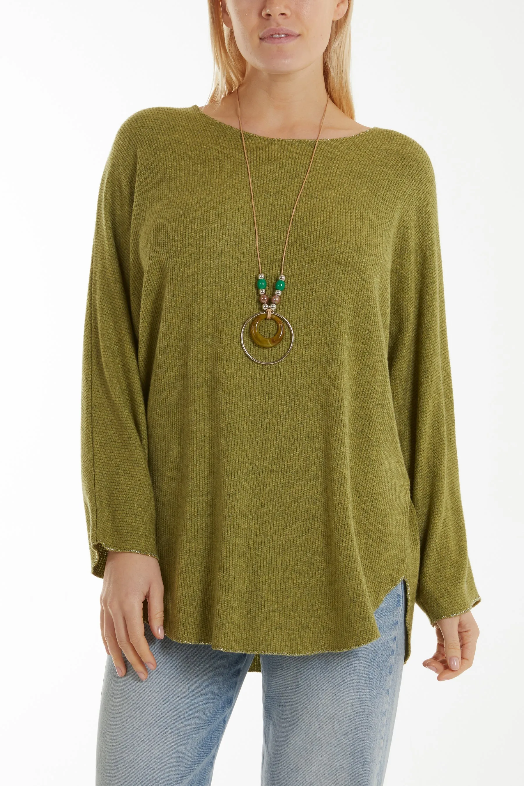 Waffle Fine Knit Batwing Necklace Jumper