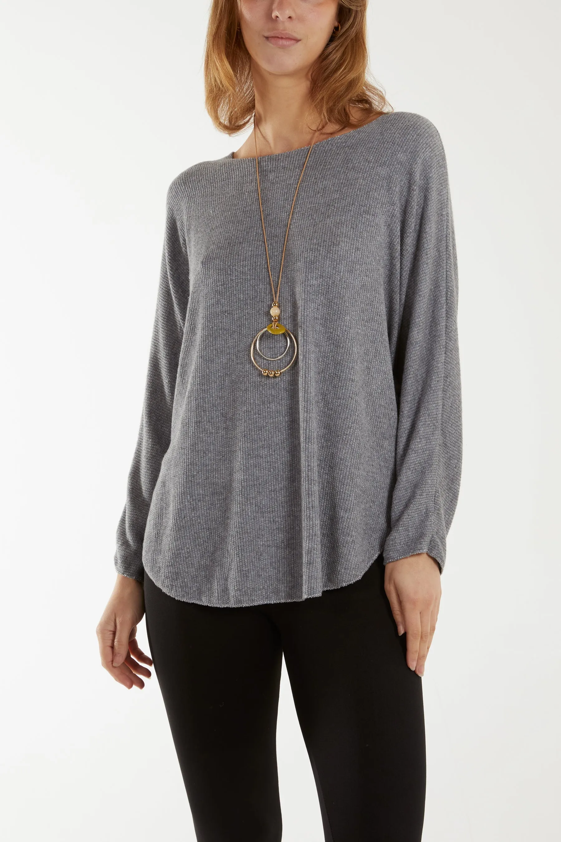 Waffle Fine Knit Batwing Necklace Jumper