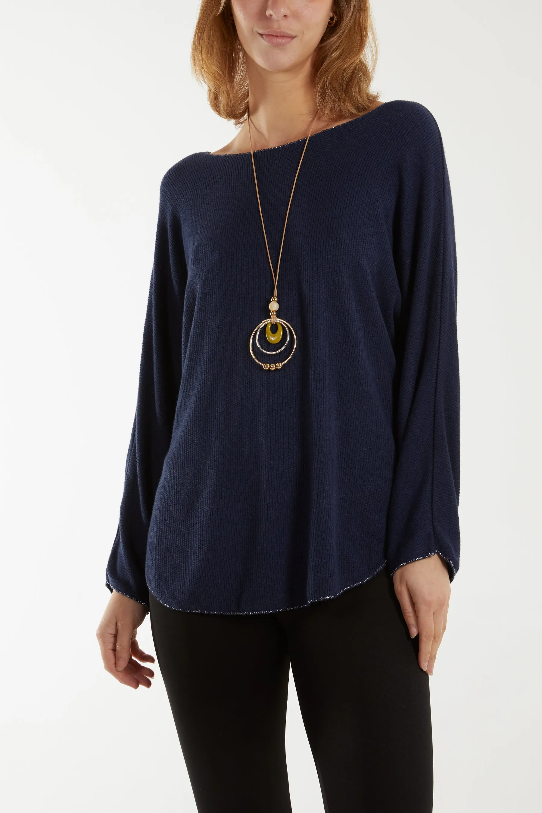 Waffle Fine Knit Batwing Necklace Jumper