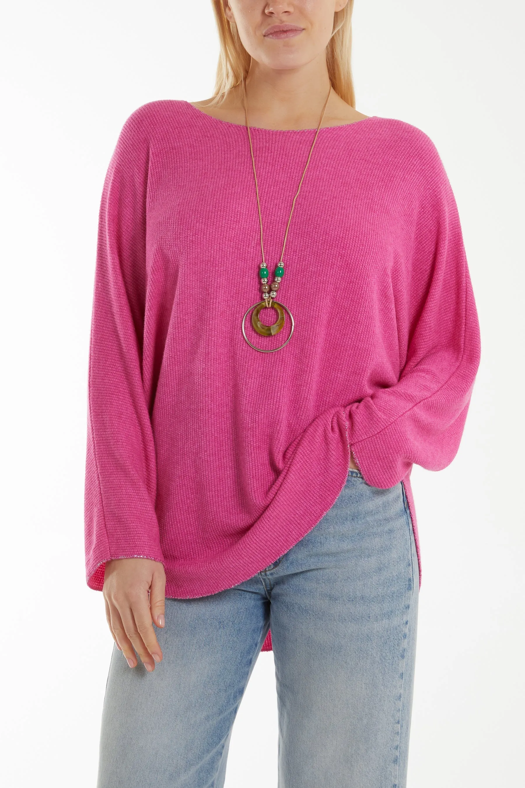 Waffle Fine Knit Batwing Necklace Jumper