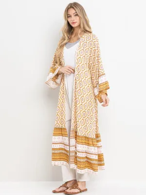 WOMEN'S 3/4 RUFFLE SLEEVE OPEN FRONT SELF TIE MULTI PRINT CARDIGAN