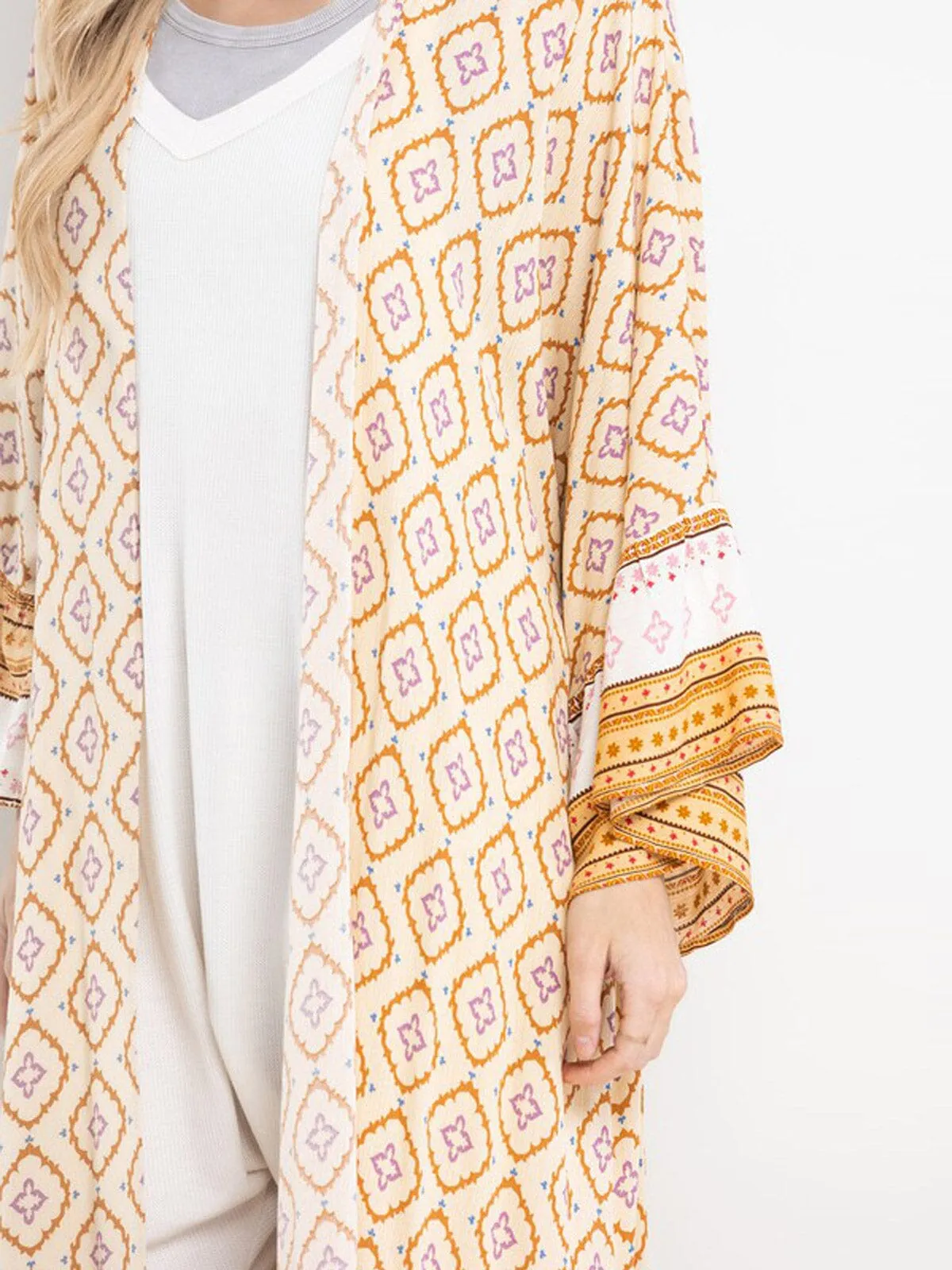 WOMEN'S 3/4 RUFFLE SLEEVE OPEN FRONT SELF TIE MULTI PRINT CARDIGAN