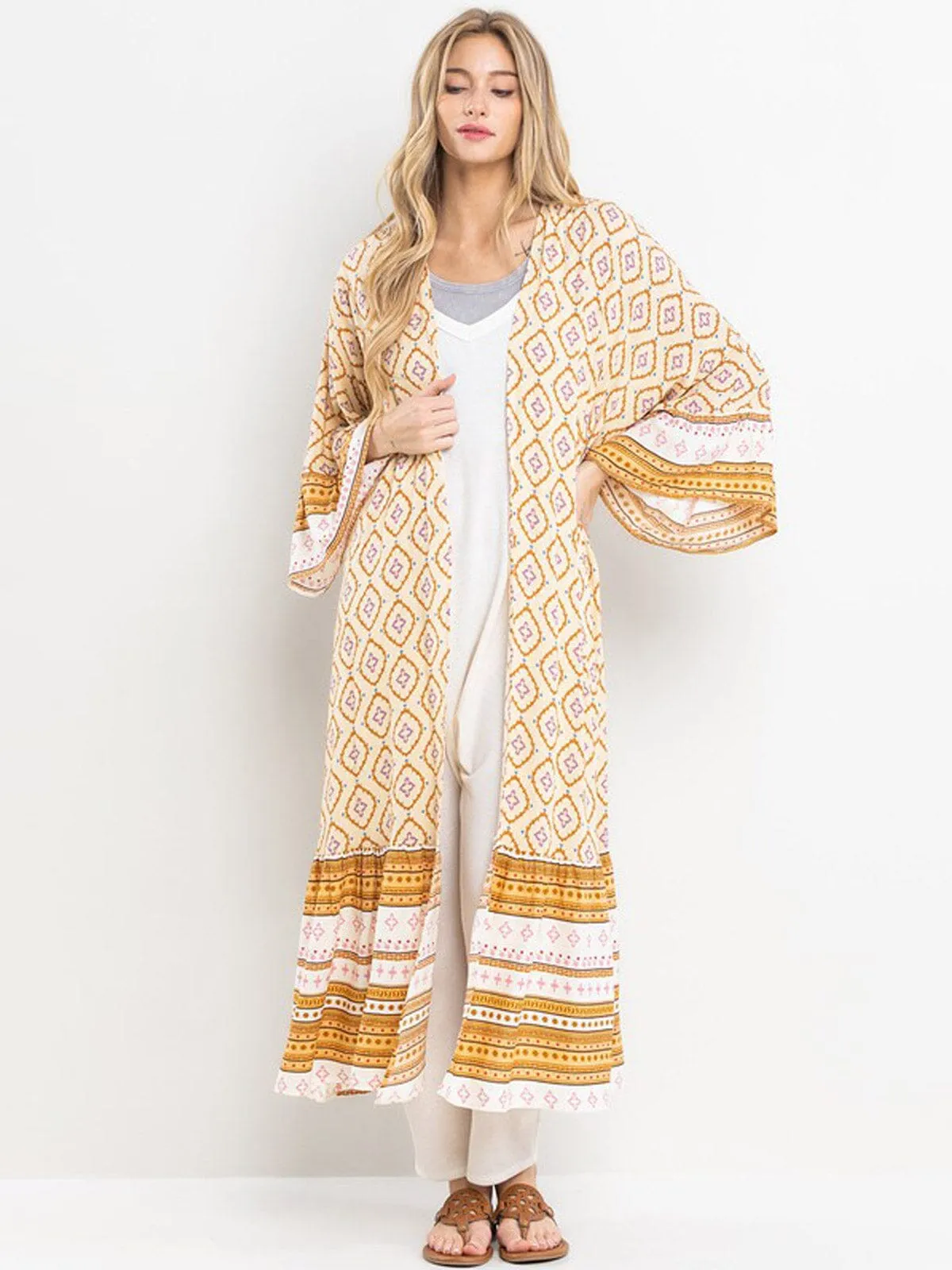 WOMEN'S 3/4 RUFFLE SLEEVE OPEN FRONT SELF TIE MULTI PRINT CARDIGAN