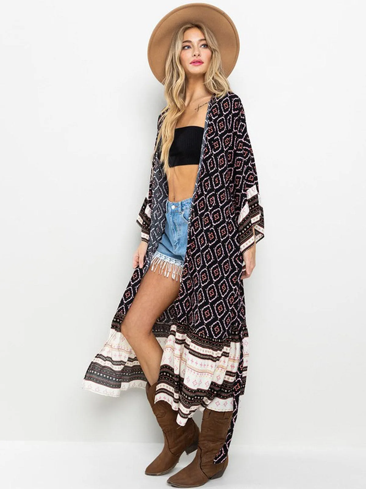 WOMEN'S 3/4 RUFFLE SLEEVE SELF TIE MULTI PRINT CARDIGAN