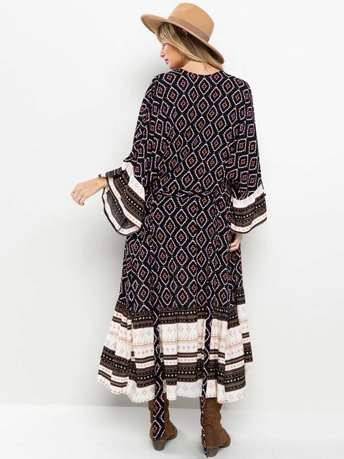WOMEN'S 3/4 RUFFLE SLEEVE SELF TIE MULTI PRINT CARDIGAN