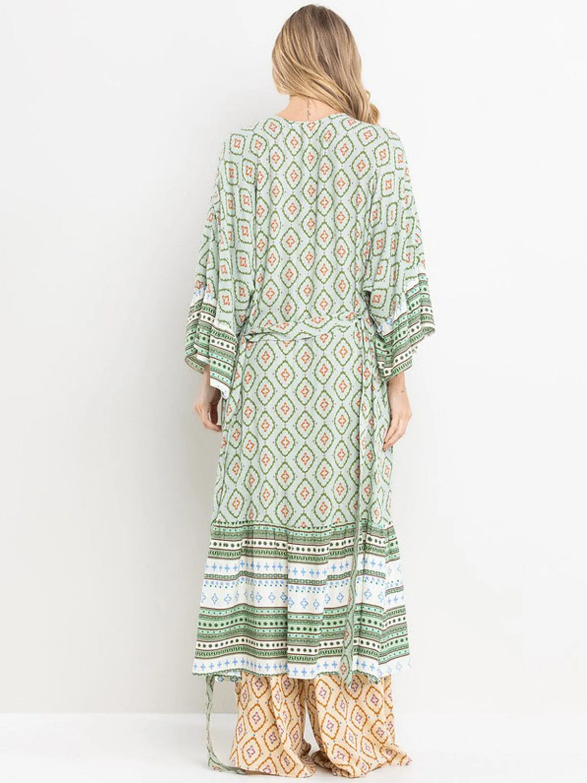 WOMEN'S 3/4 RUFFLE SLEEVE SELF TIE MULTI PRINT CARDIGAN