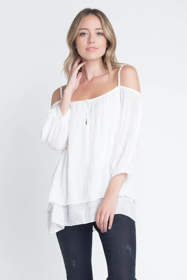 Women's 3/4 Sleeve Cold Shoulder Buttoned Top