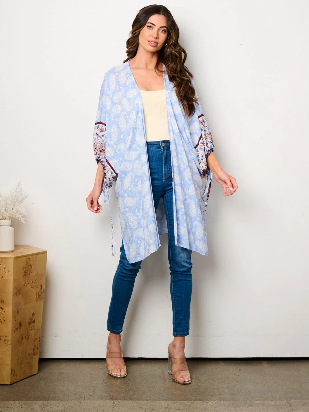 WOMEN'S 3/4 SLEEVE OPEN FRONT PAISLEY PRINT KIMONO