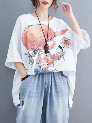 Women's Casual Cartoon Babe Print Mid-Length Cotton T-shirt