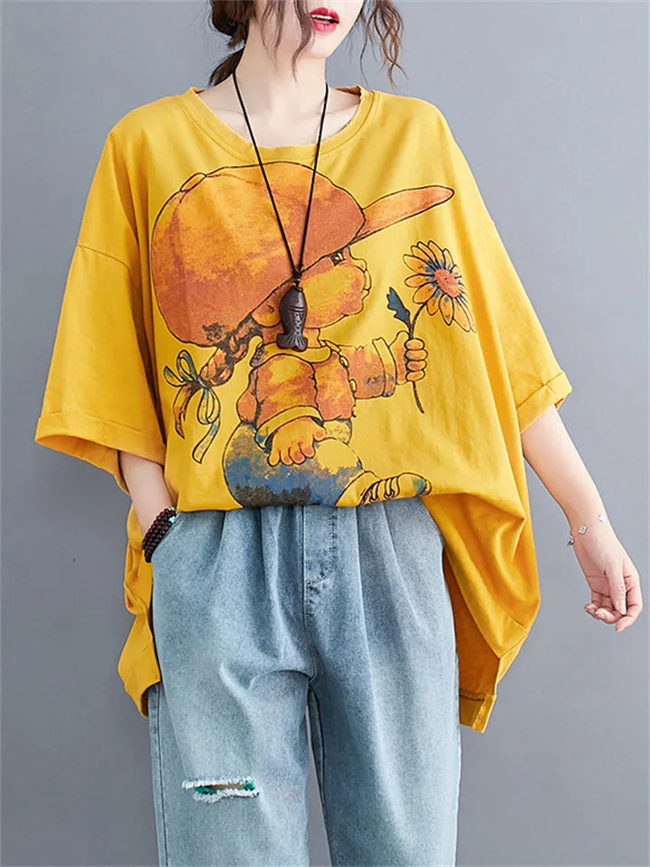Women's Casual Cartoon Babe Print Mid-Length Cotton T-shirt
