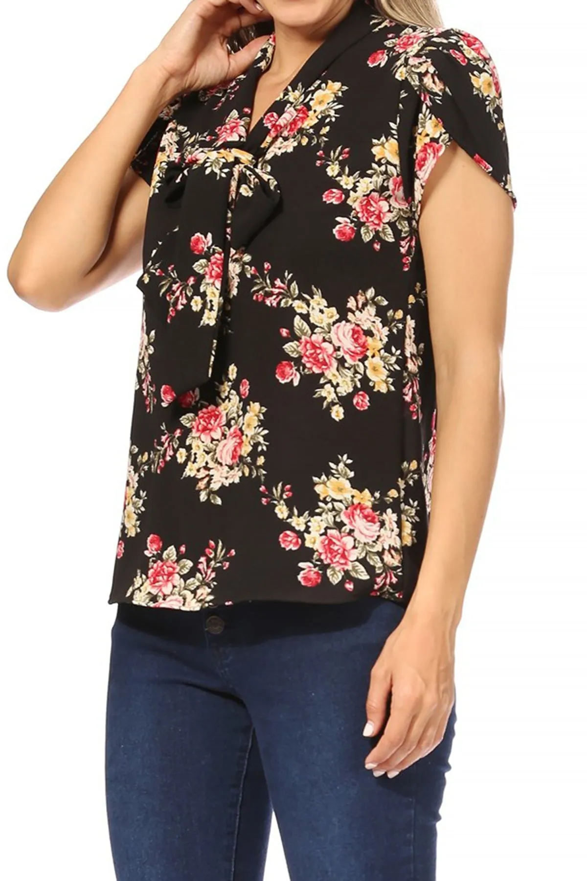 Women's Casual Floral Petal Sleeve Bow Tie Neck Short Sleeve Blouse Shirt Top