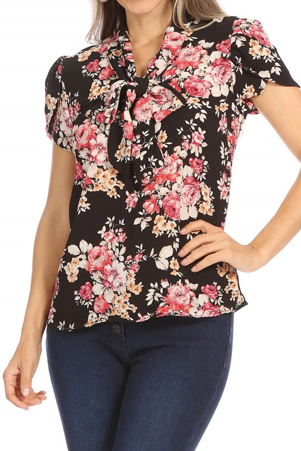 Women's Casual Floral Petal Sleeve Bow Tie Neck Short Sleeve Blouse Shirt Top