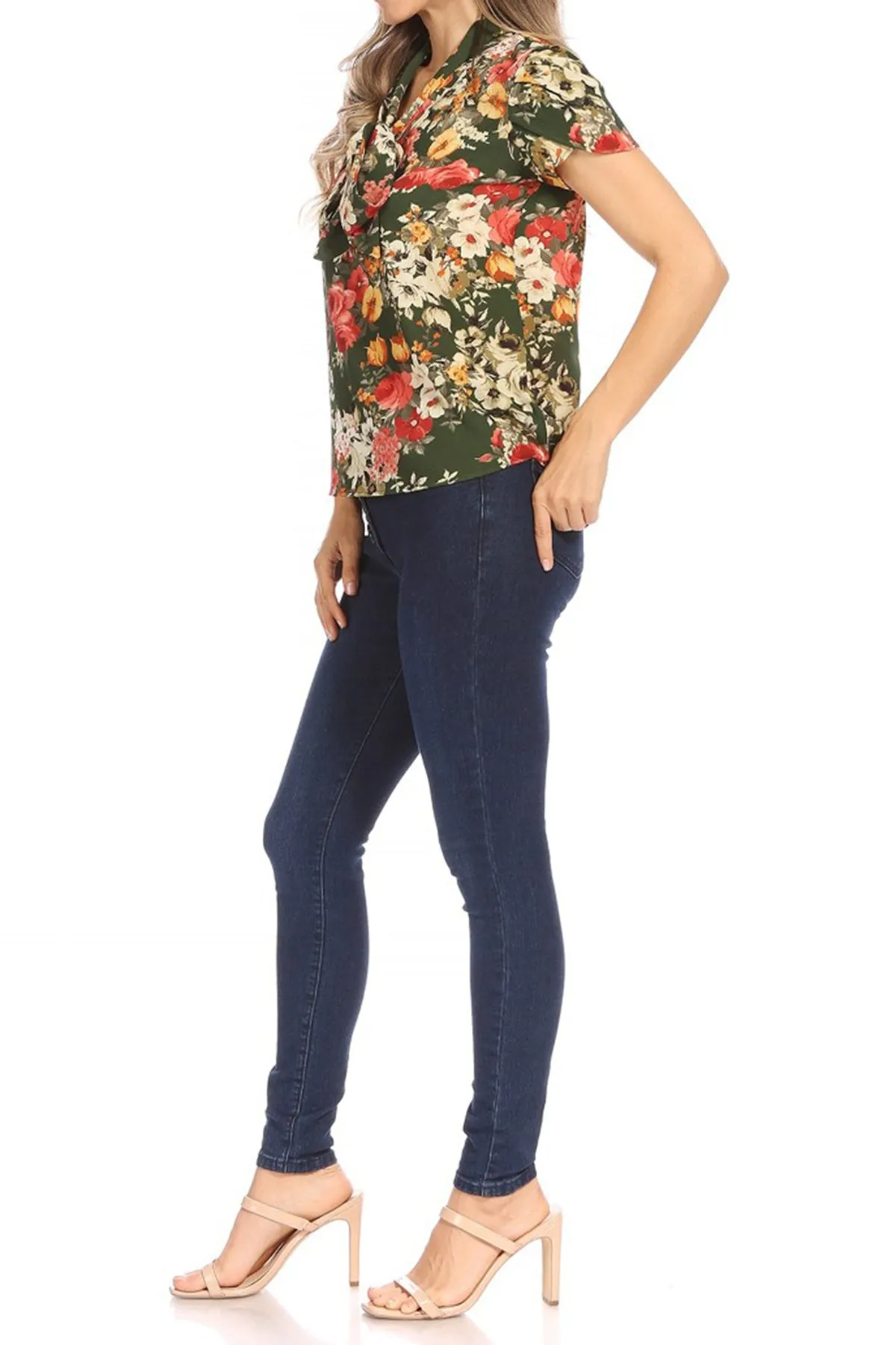 Women's Casual Floral Petal Sleeve Bow Tie Neck Short Sleeve Blouse Shirt Top