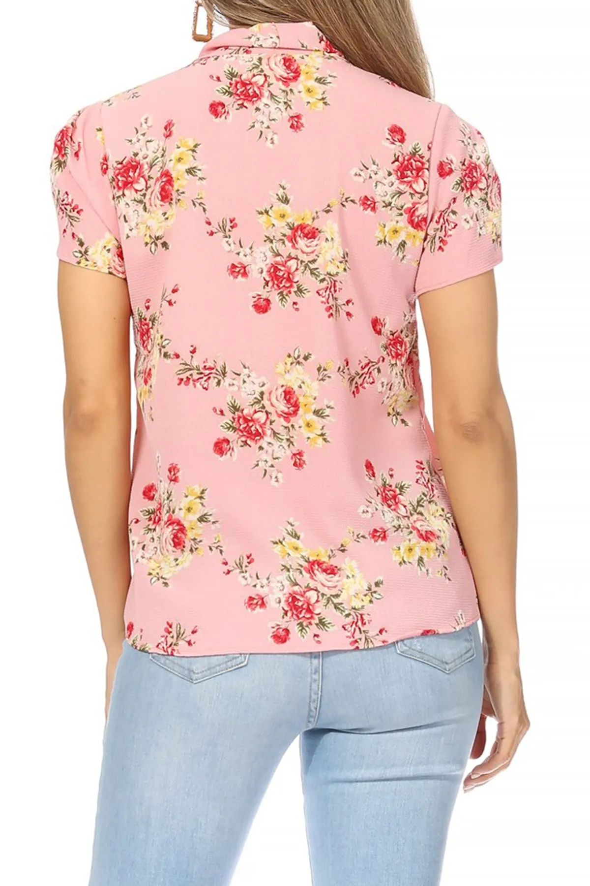 Women's Casual Floral Petal Sleeve Bow Tie Neck Short Sleeve Blouse Shirt Top