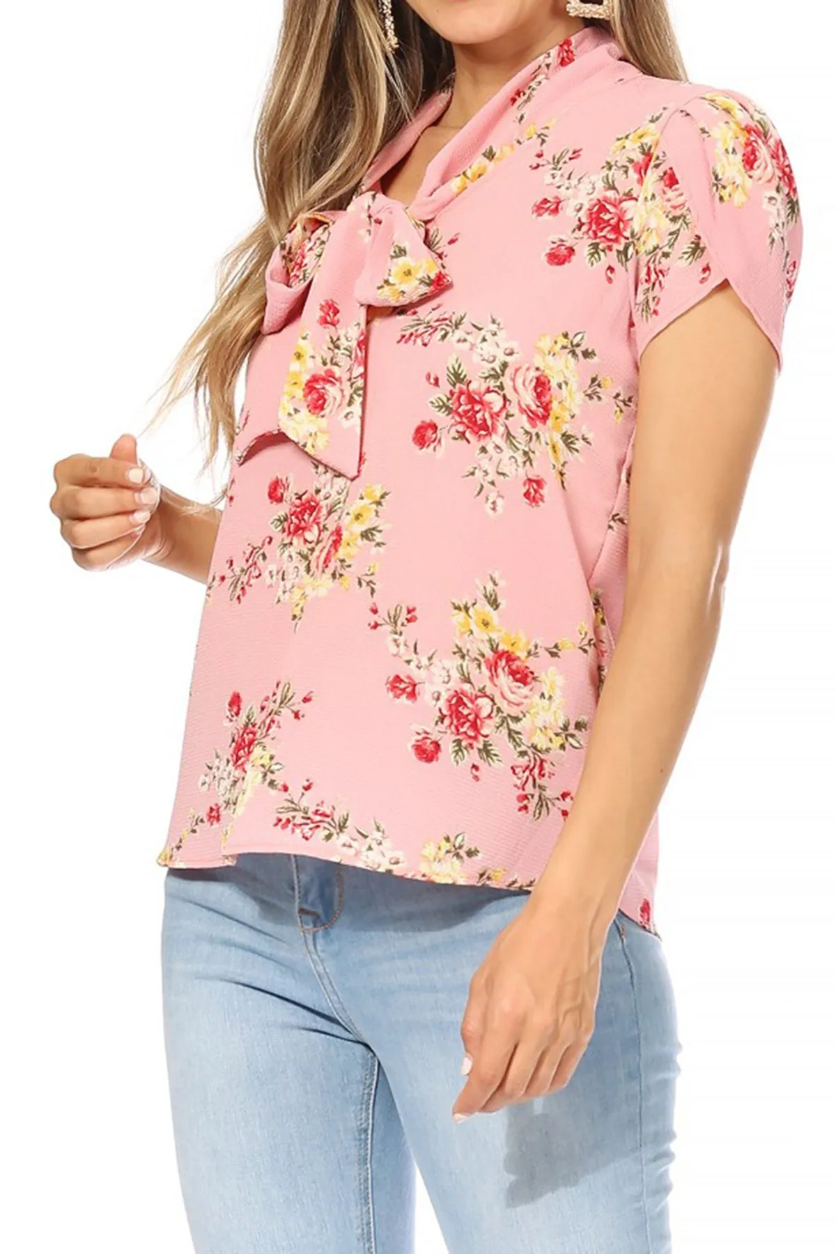 Women's Casual Floral Petal Sleeve Bow Tie Neck Short Sleeve Blouse Shirt Top
