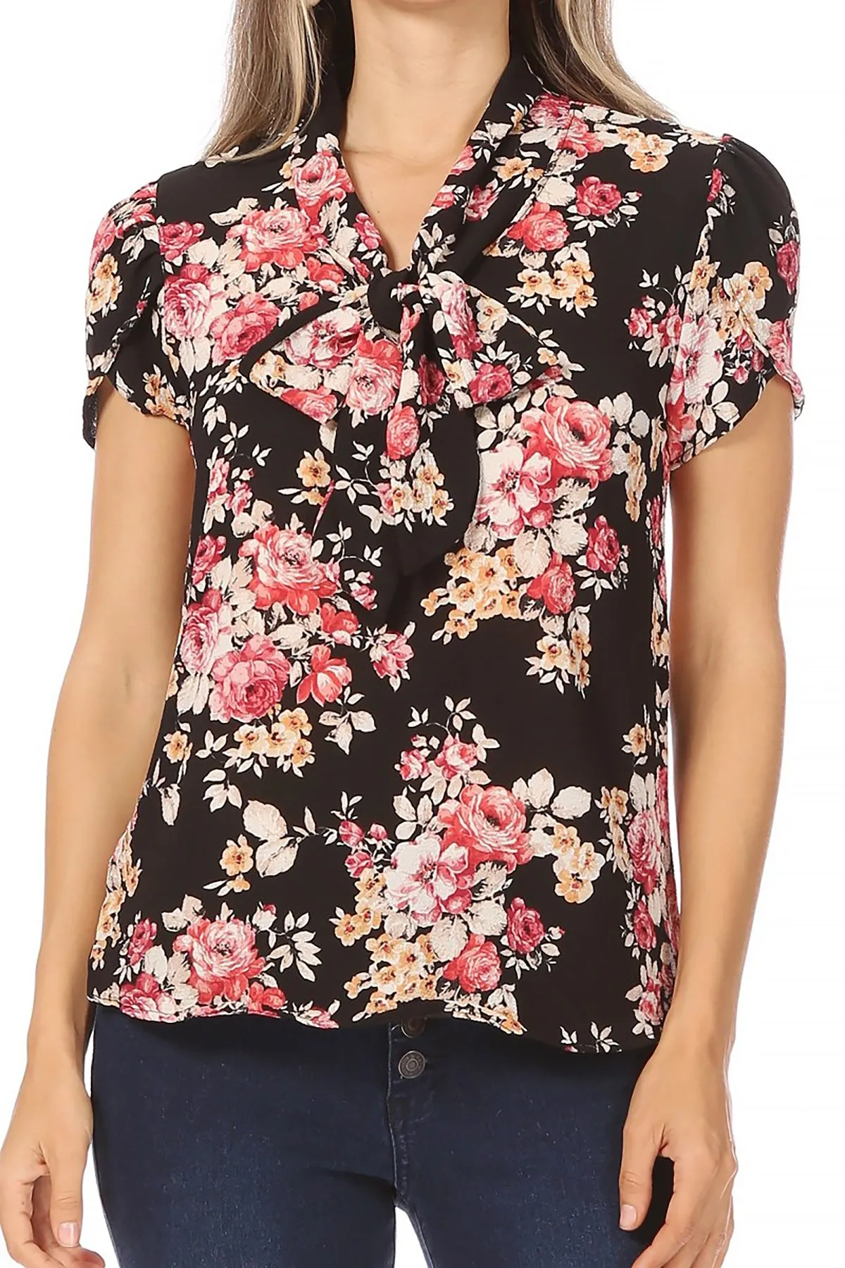 Women's Casual Floral Petal Sleeve Bow Tie Neck Short Sleeve Blouse Shirt Top