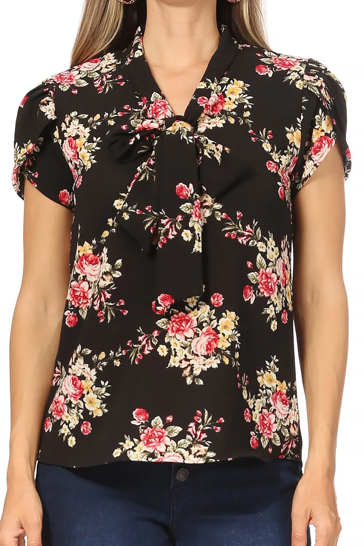Women's Casual Floral Petal Sleeve Bow Tie Neck Short Sleeve Blouse Shirt Top