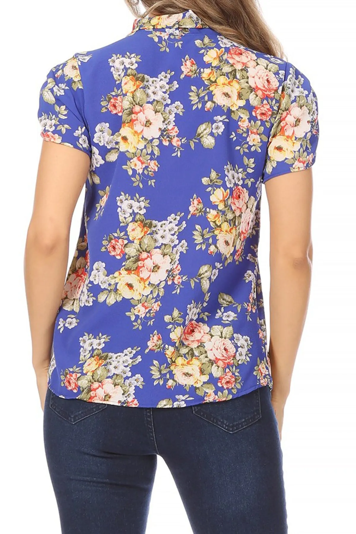 Women's Casual Floral Petal Sleeve Bow Tie Neck Short Sleeve Blouse Shirt Top