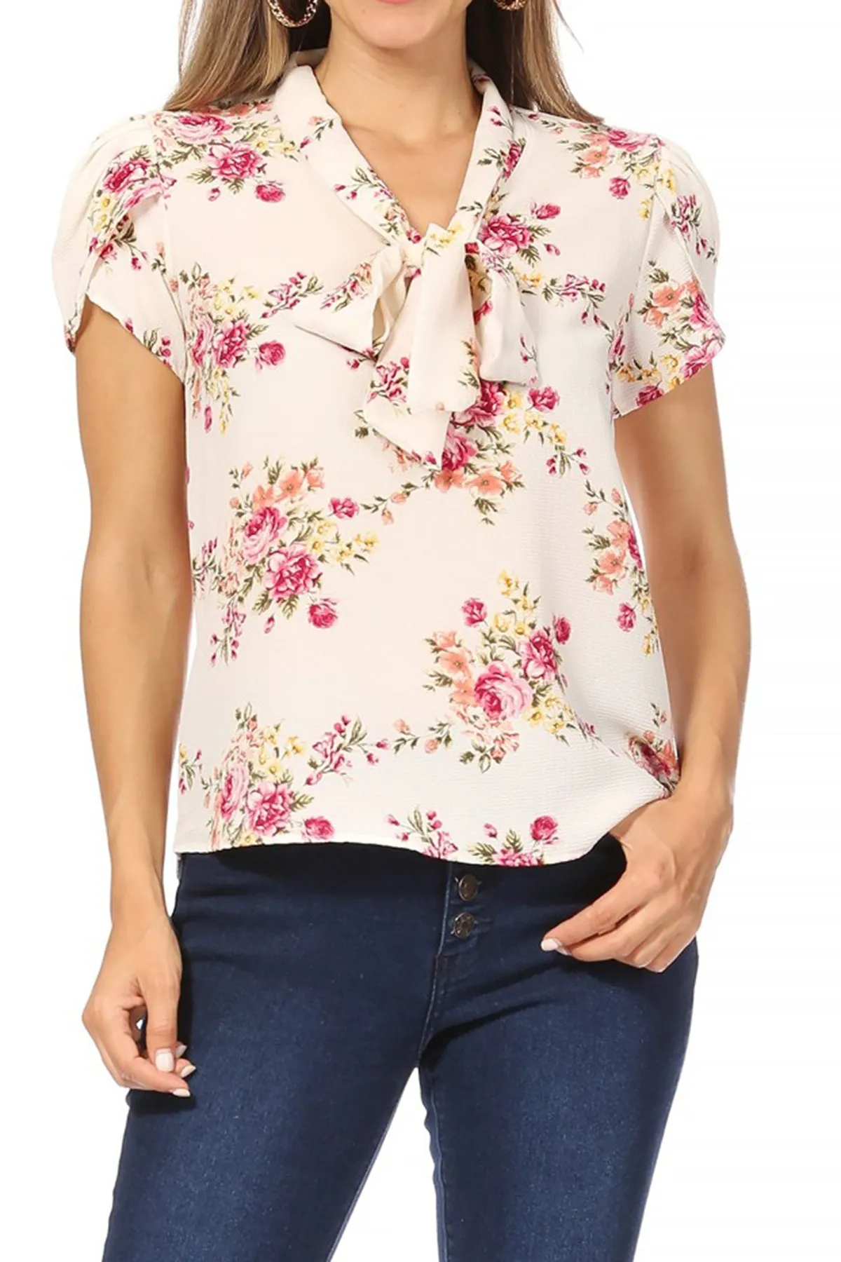 Women's Casual Floral Petal Sleeve Bow Tie Neck Short Sleeve Blouse Shirt Top