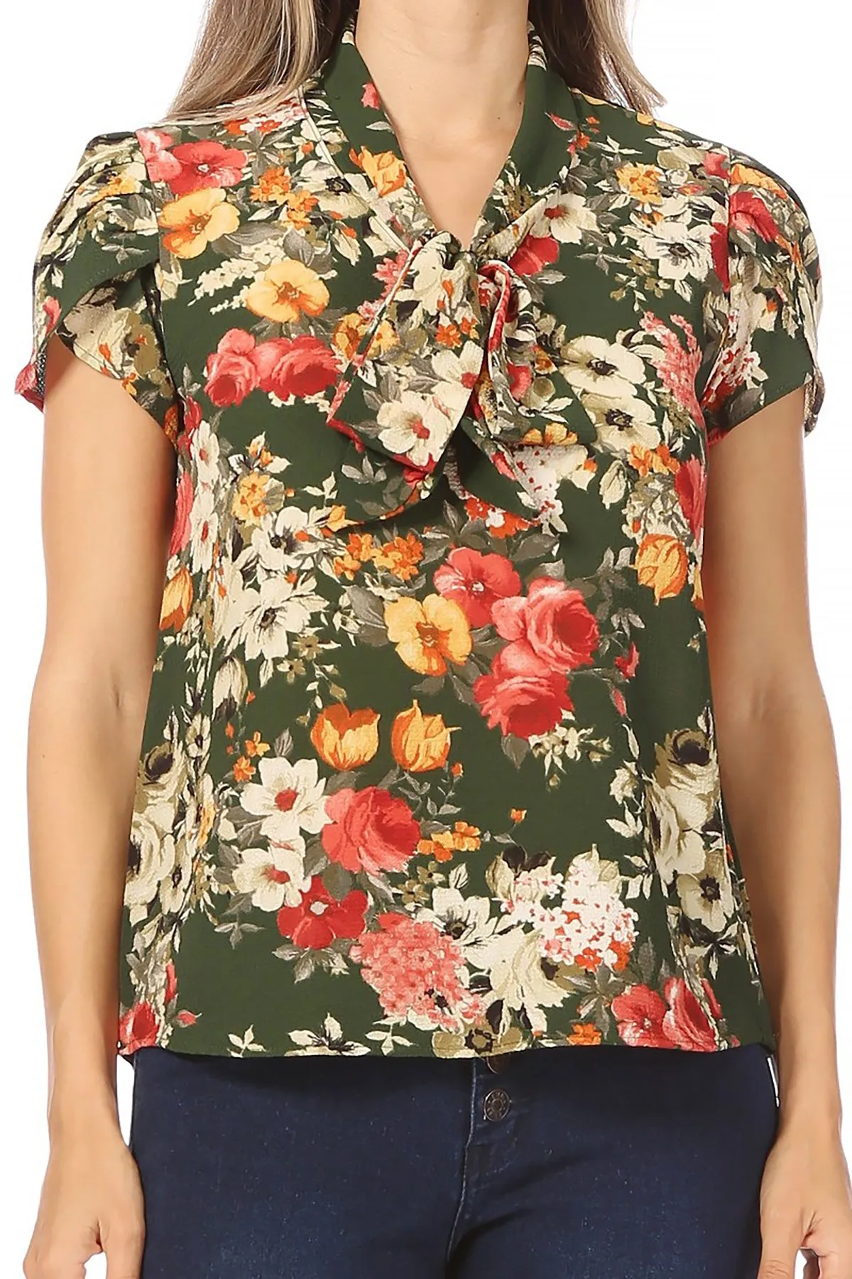 Women's Casual Floral Petal Sleeve Bow Tie Neck Short Sleeve Blouse Shirt Top
