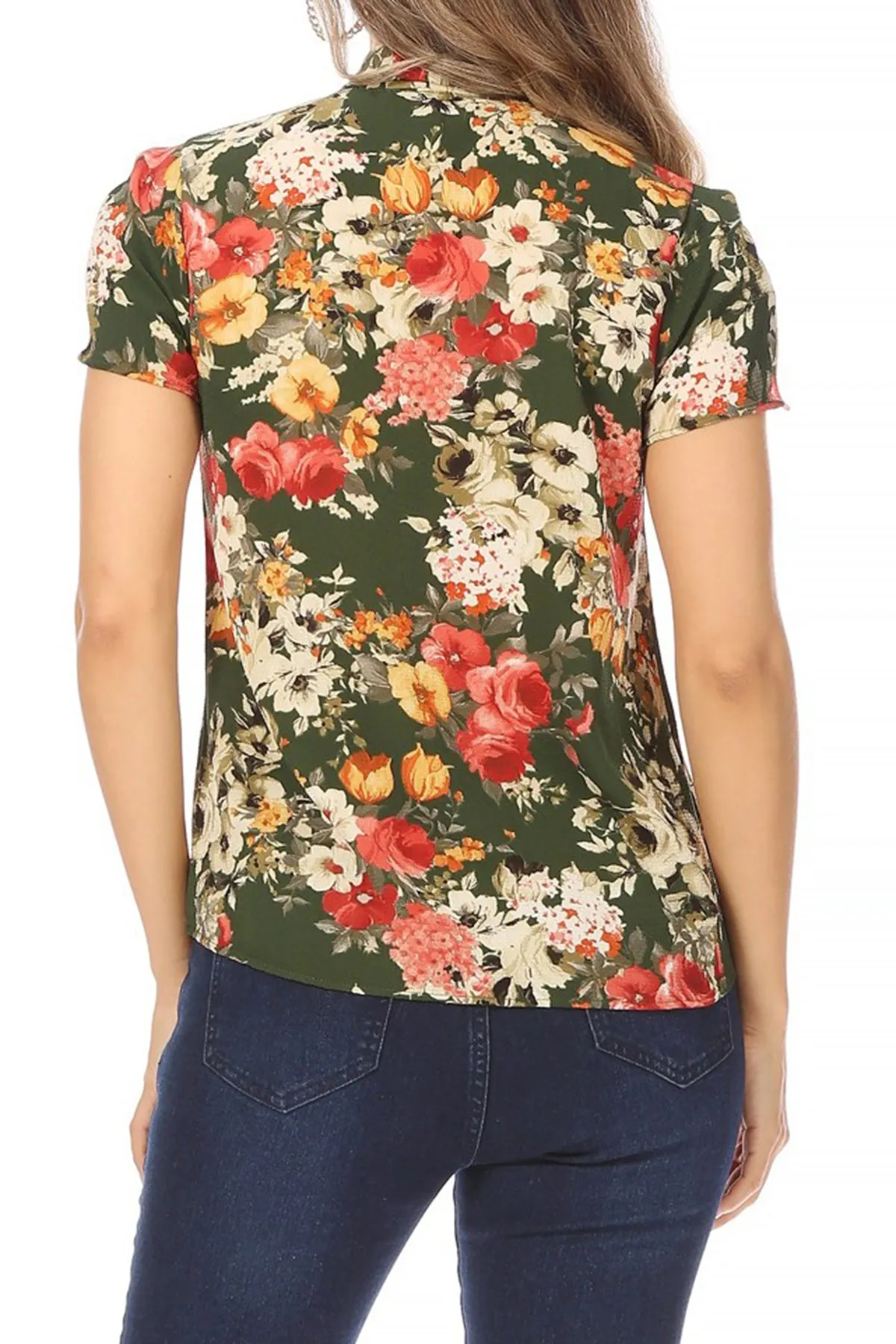 Women's Casual Floral Petal Sleeve Bow Tie Neck Short Sleeve Blouse Shirt Top