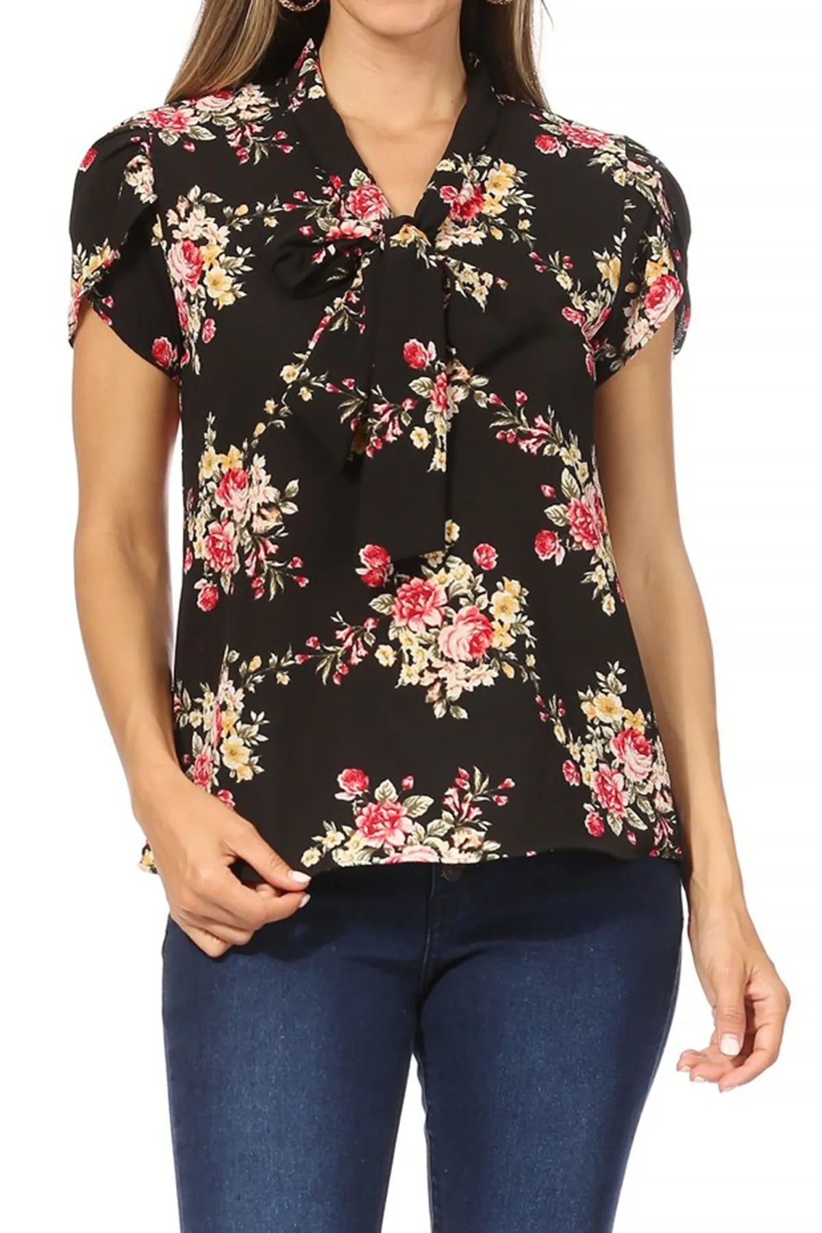 Women's Casual Floral Petal Sleeve Bow Tie Neck Short Sleeve Blouse Shirt Top