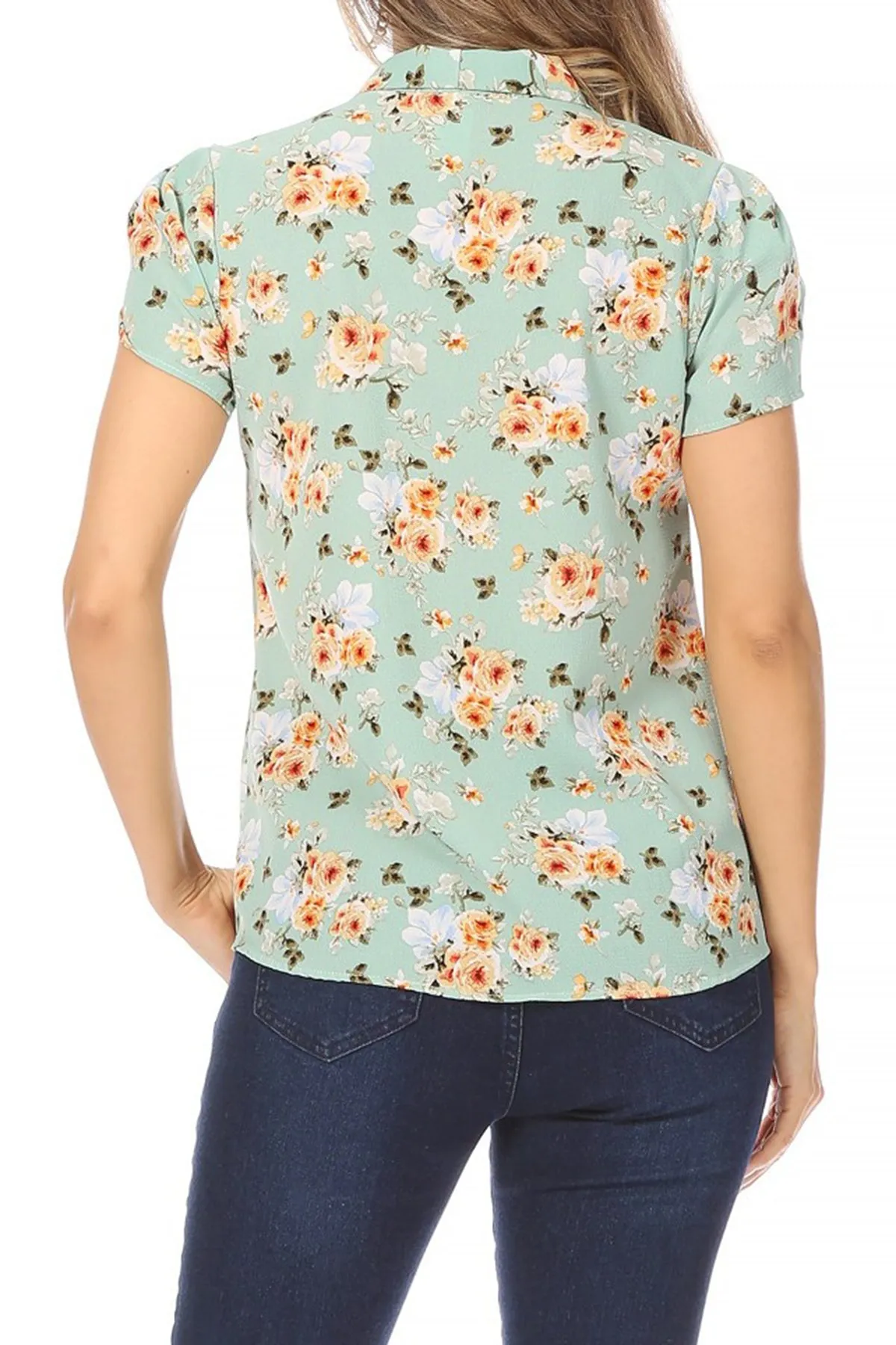Women's Casual Floral Petal Sleeve Bow Tie Neck Short Sleeve Blouse Shirt Top
