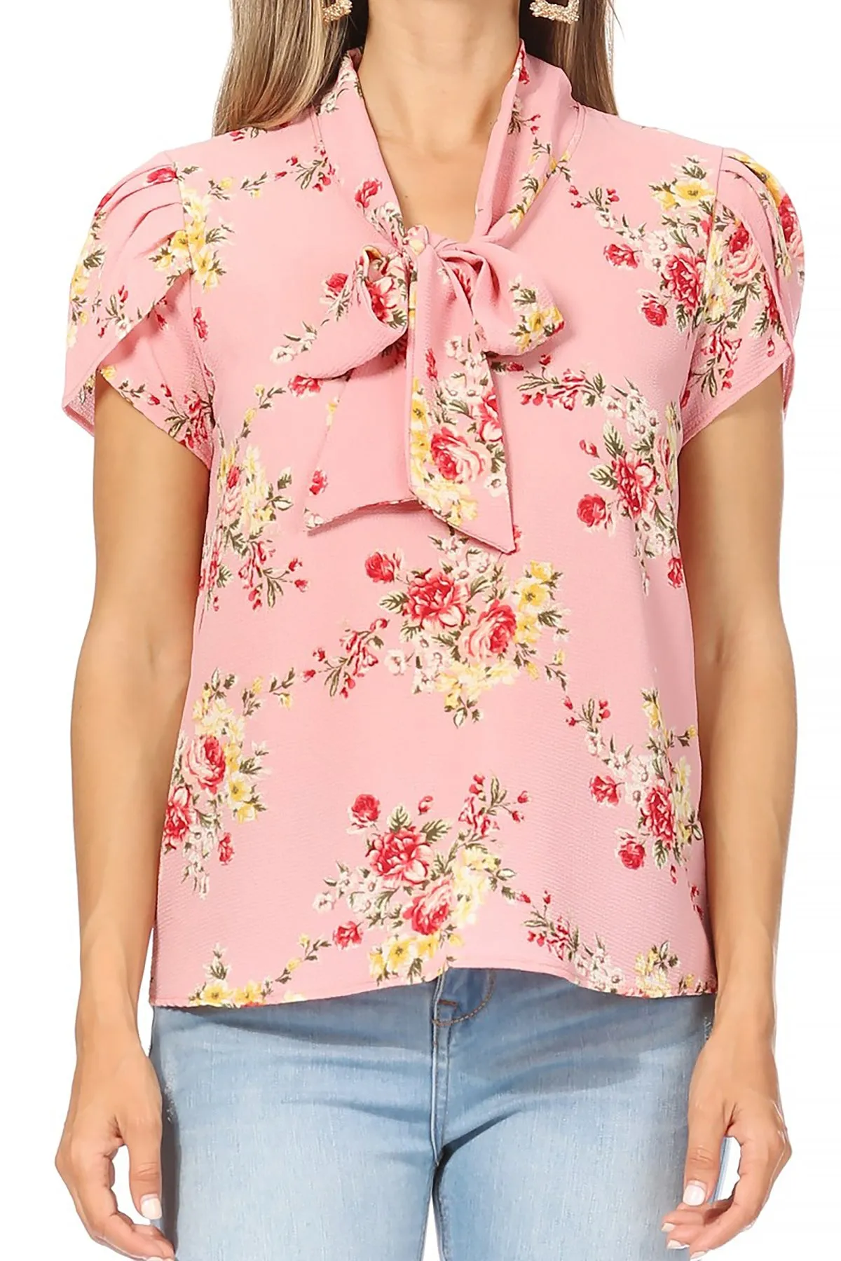 Women's Casual Floral Petal Sleeve Bow Tie Neck Short Sleeve Blouse Shirt Top