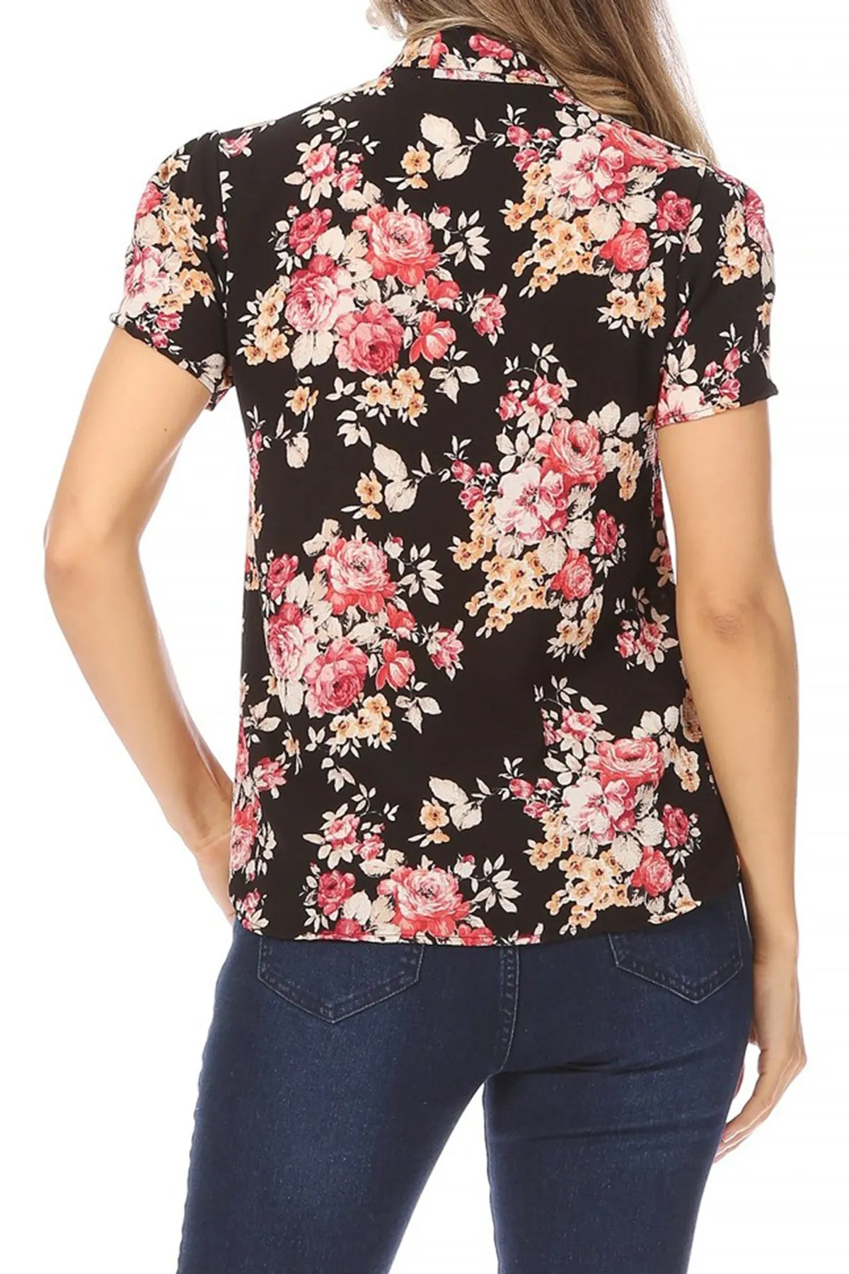 Women's Casual Floral Petal Sleeve Bow Tie Neck Short Sleeve Blouse Shirt Top
