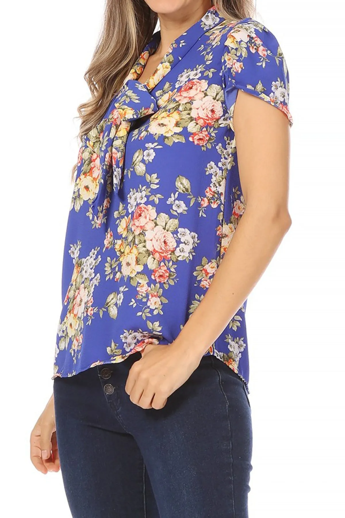 Women's Casual Floral Petal Sleeve Bow Tie Neck Short Sleeve Blouse Shirt Top