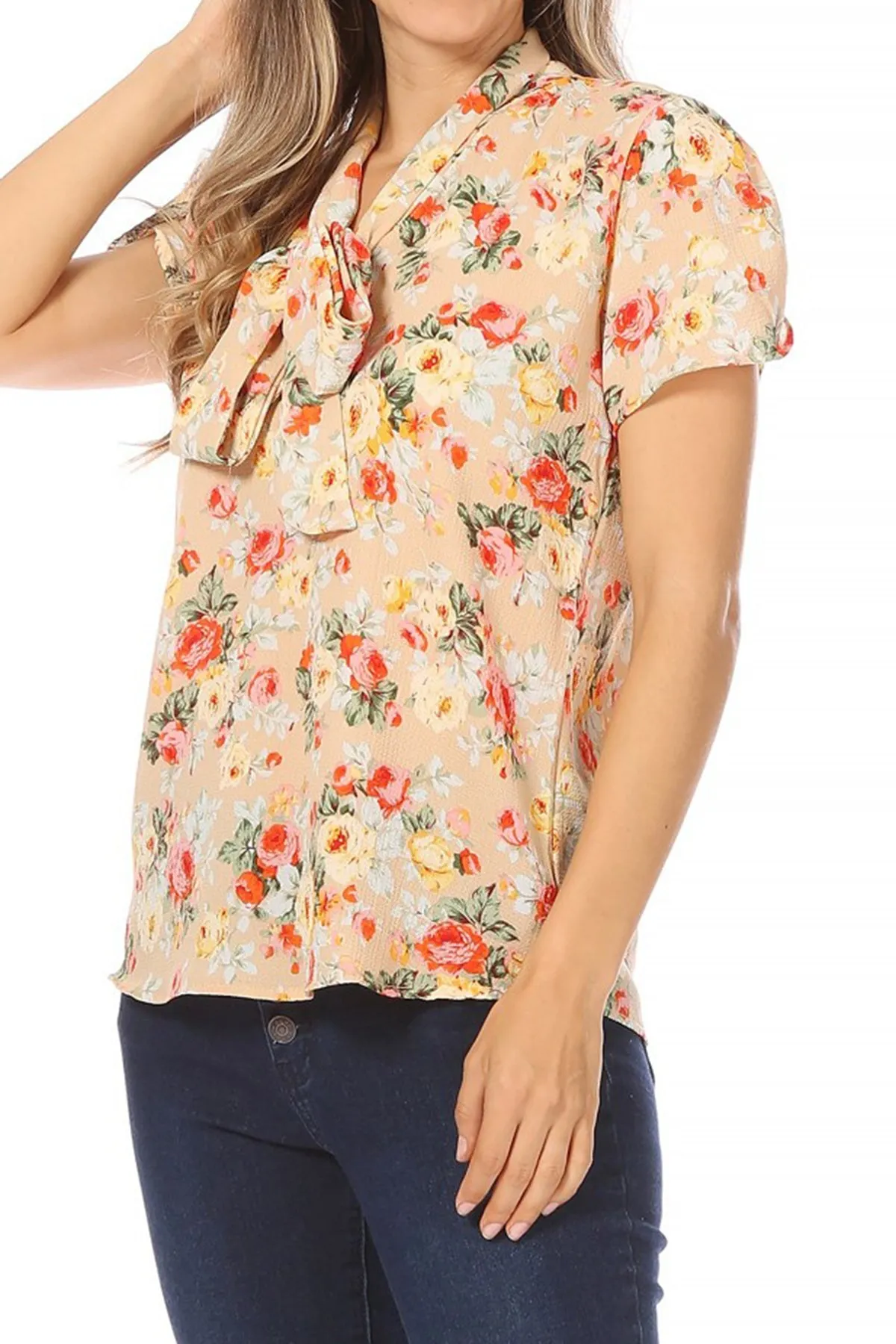Women's Casual Floral Petal Sleeve Bow Tie Neck Short Sleeve Blouse Shirt Top