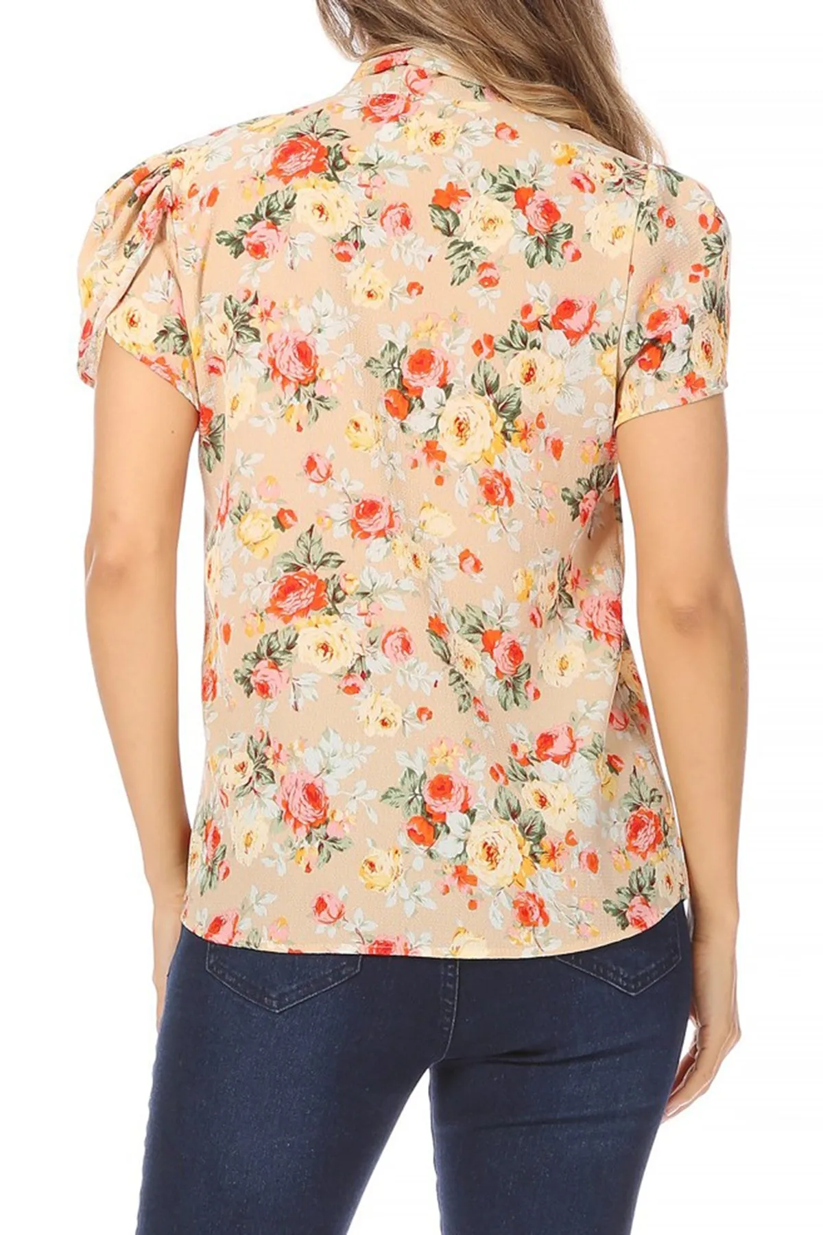 Women's Casual Floral Petal Sleeve Bow Tie Neck Short Sleeve Blouse Shirt Top