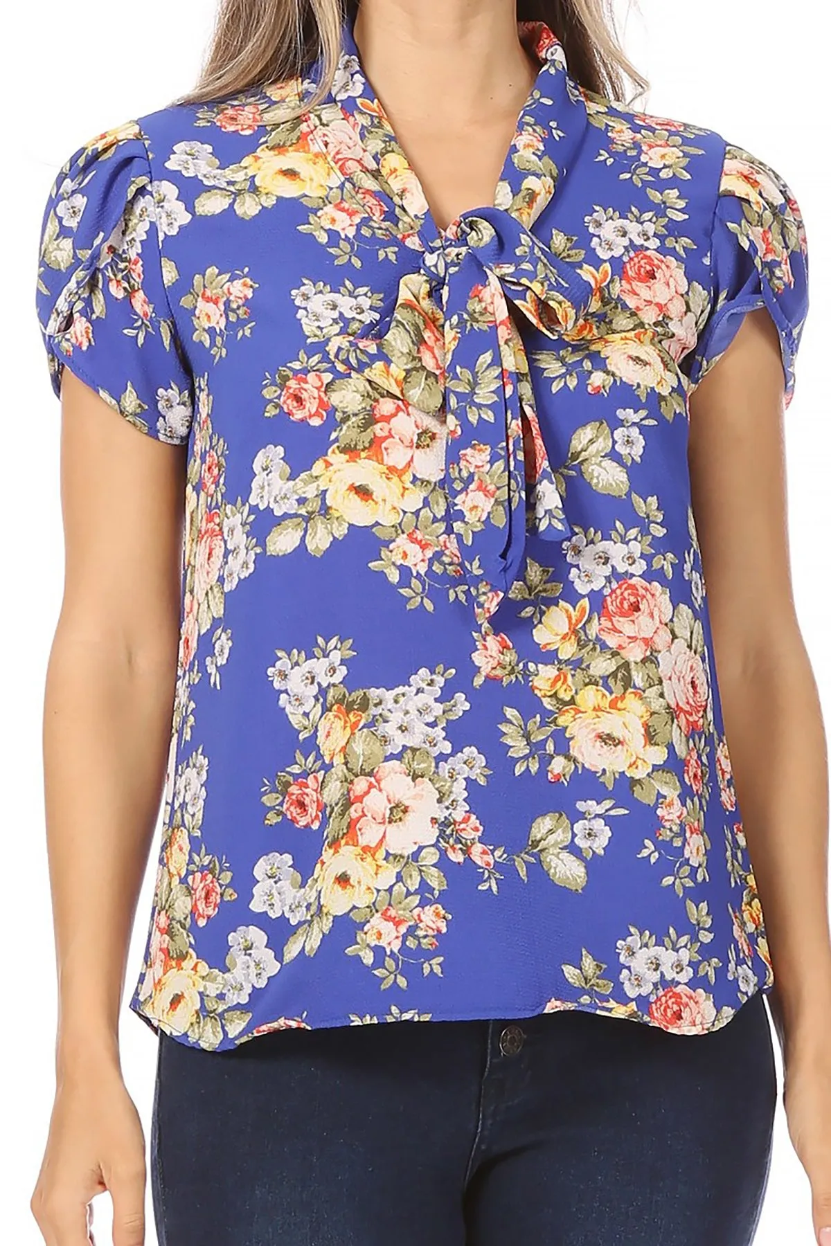 Women's Casual Floral Petal Sleeve Bow Tie Neck Short Sleeve Blouse Shirt Top
