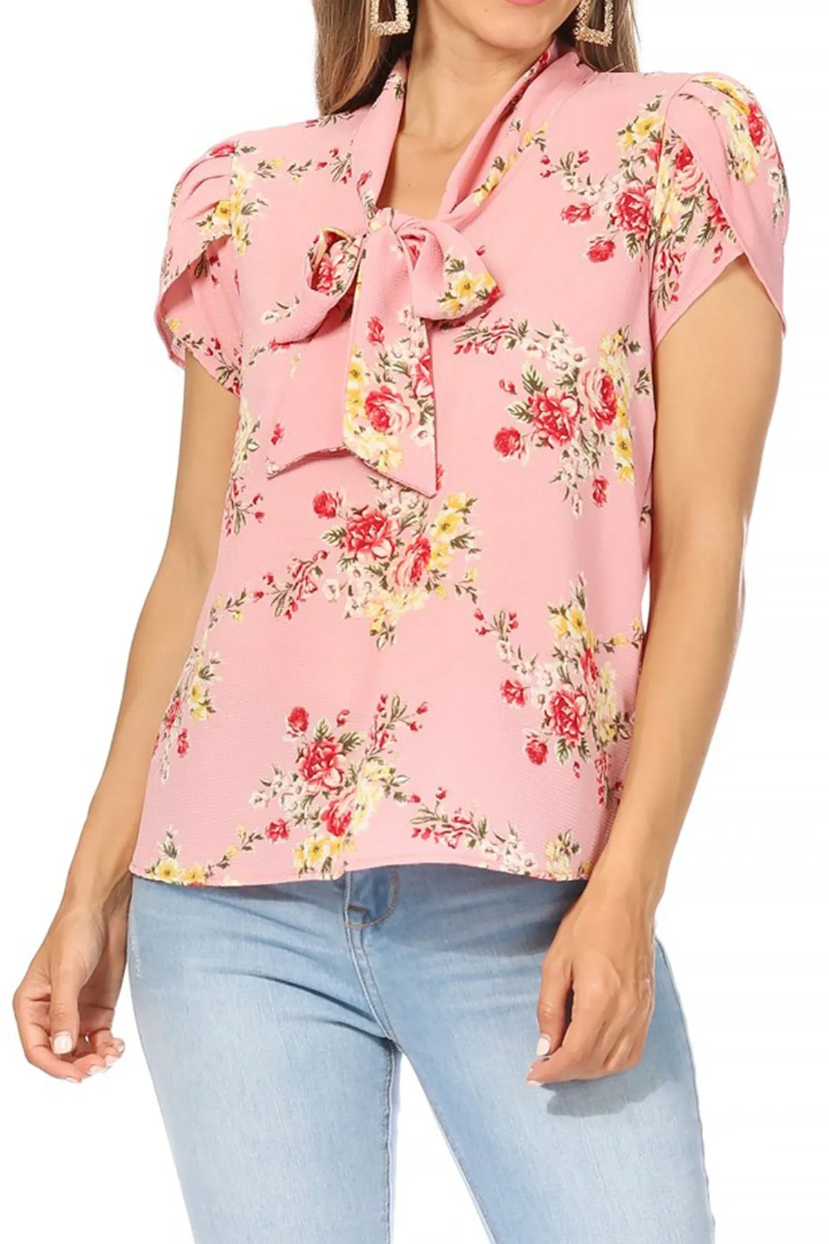 Women's Casual Floral Petal Sleeve Bow Tie Neck Short Sleeve Blouse Shirt Top