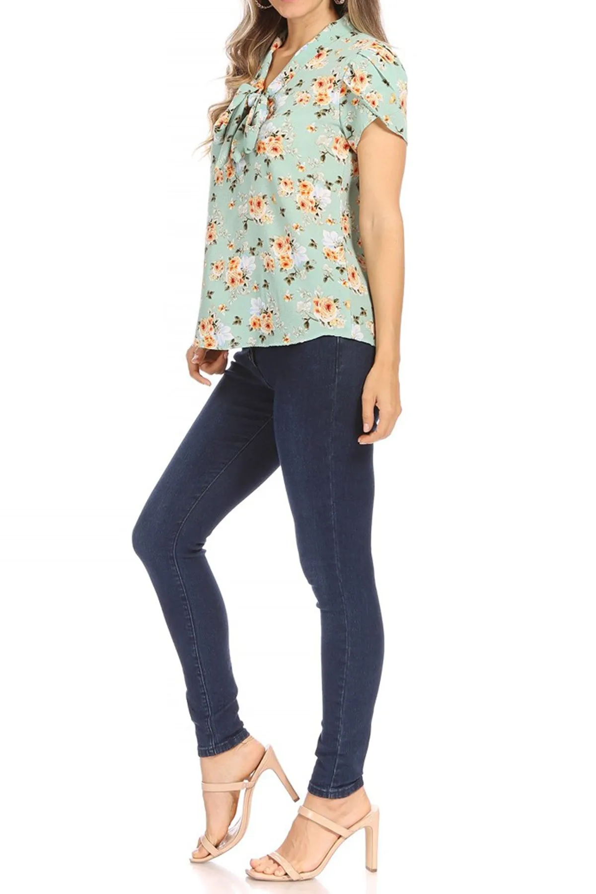 Women's Casual Floral Petal Sleeve Bow Tie Neck Short Sleeve Blouse Shirt Top