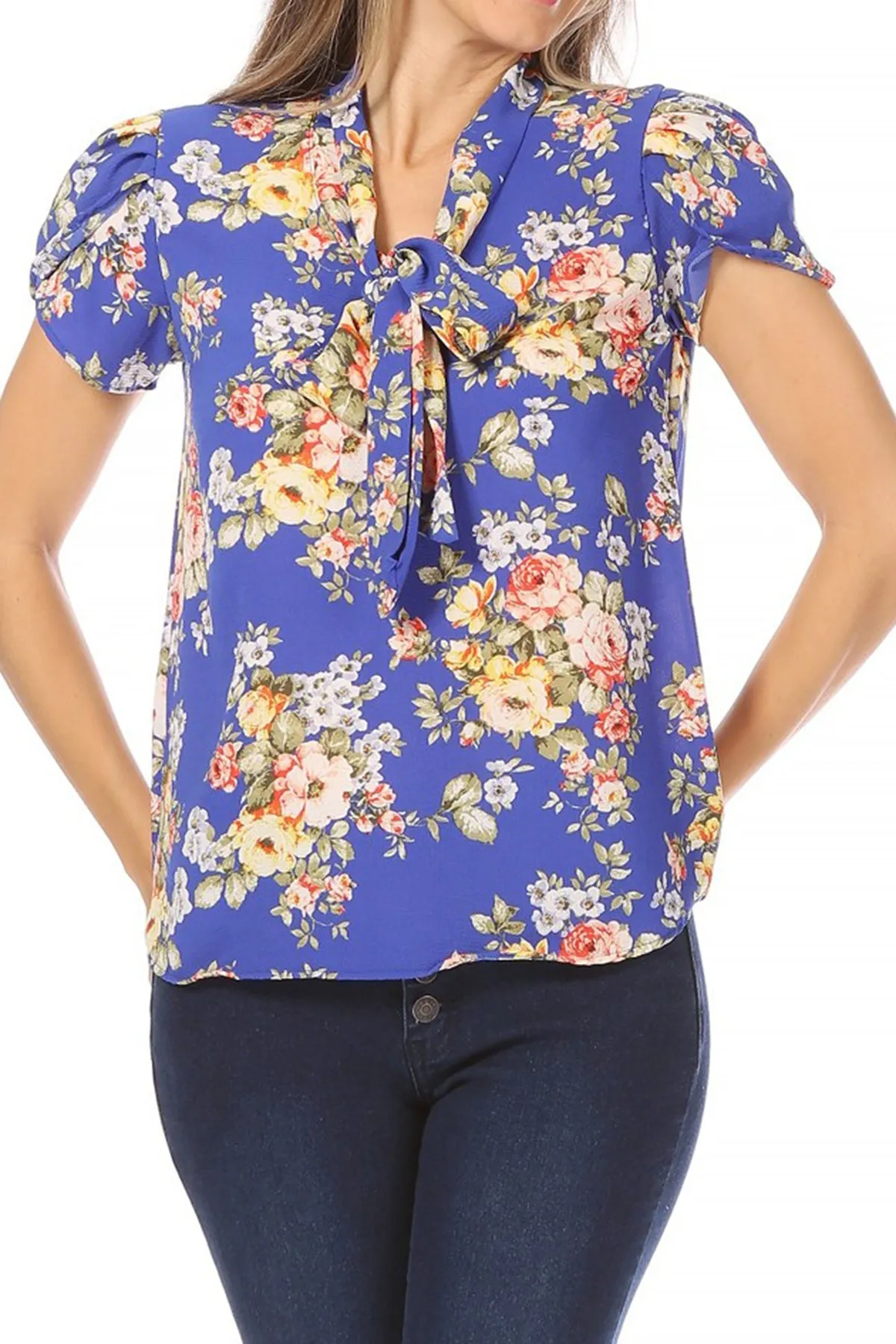 Women's Casual Floral Petal Sleeve Bow Tie Neck Short Sleeve Blouse Shirt Top