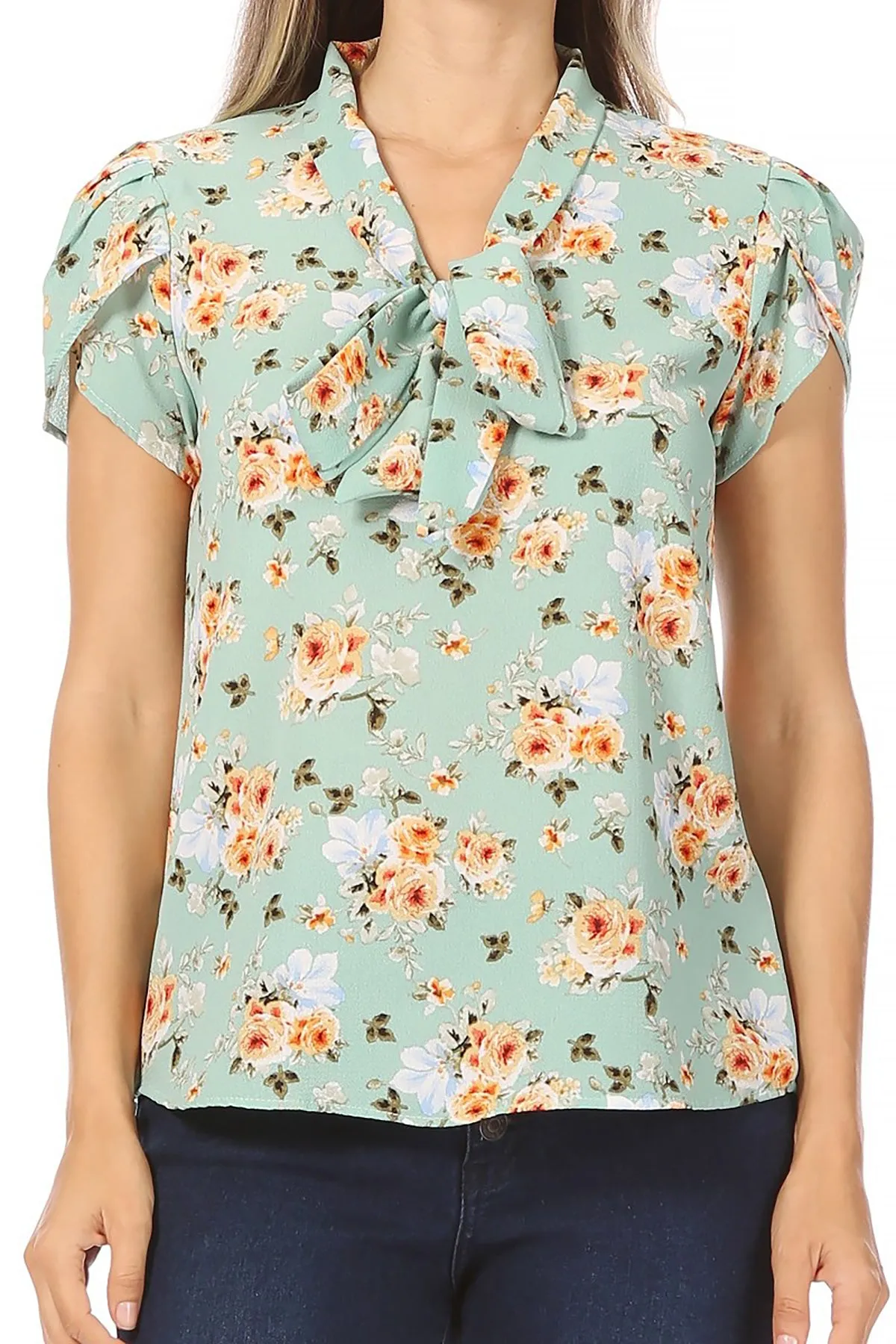 Women's Casual Floral Petal Sleeve Bow Tie Neck Short Sleeve Blouse Shirt Top