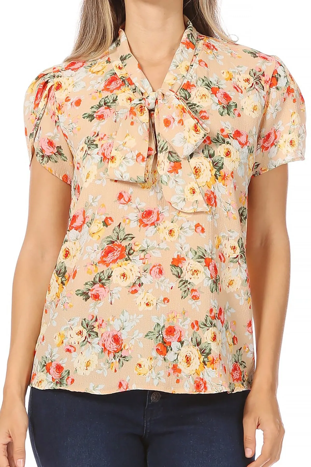 Women's Casual Floral Petal Sleeve Bow Tie Neck Short Sleeve Blouse Shirt Top