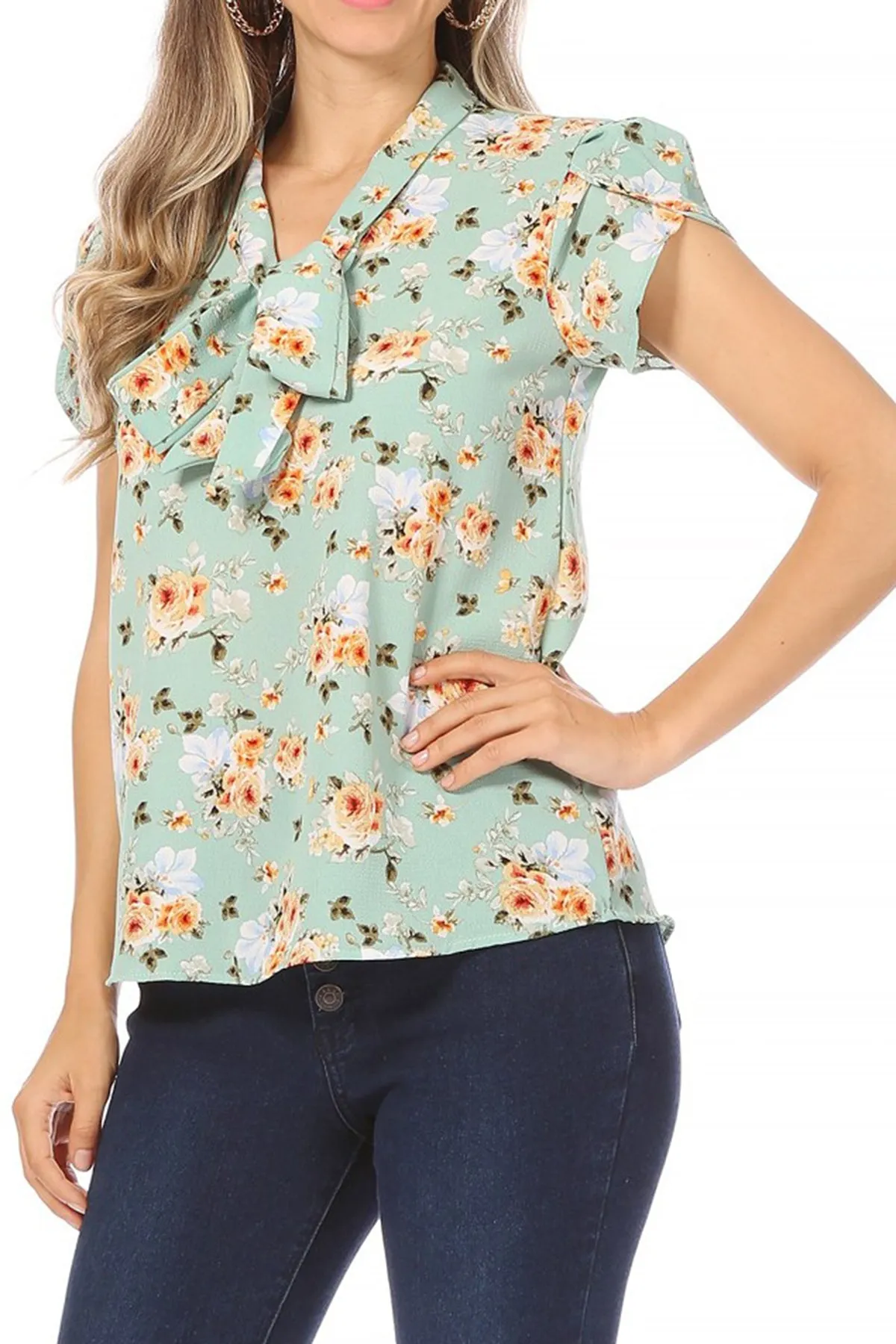 Women's Casual Floral Petal Sleeve Bow Tie Neck Short Sleeve Blouse Shirt Top