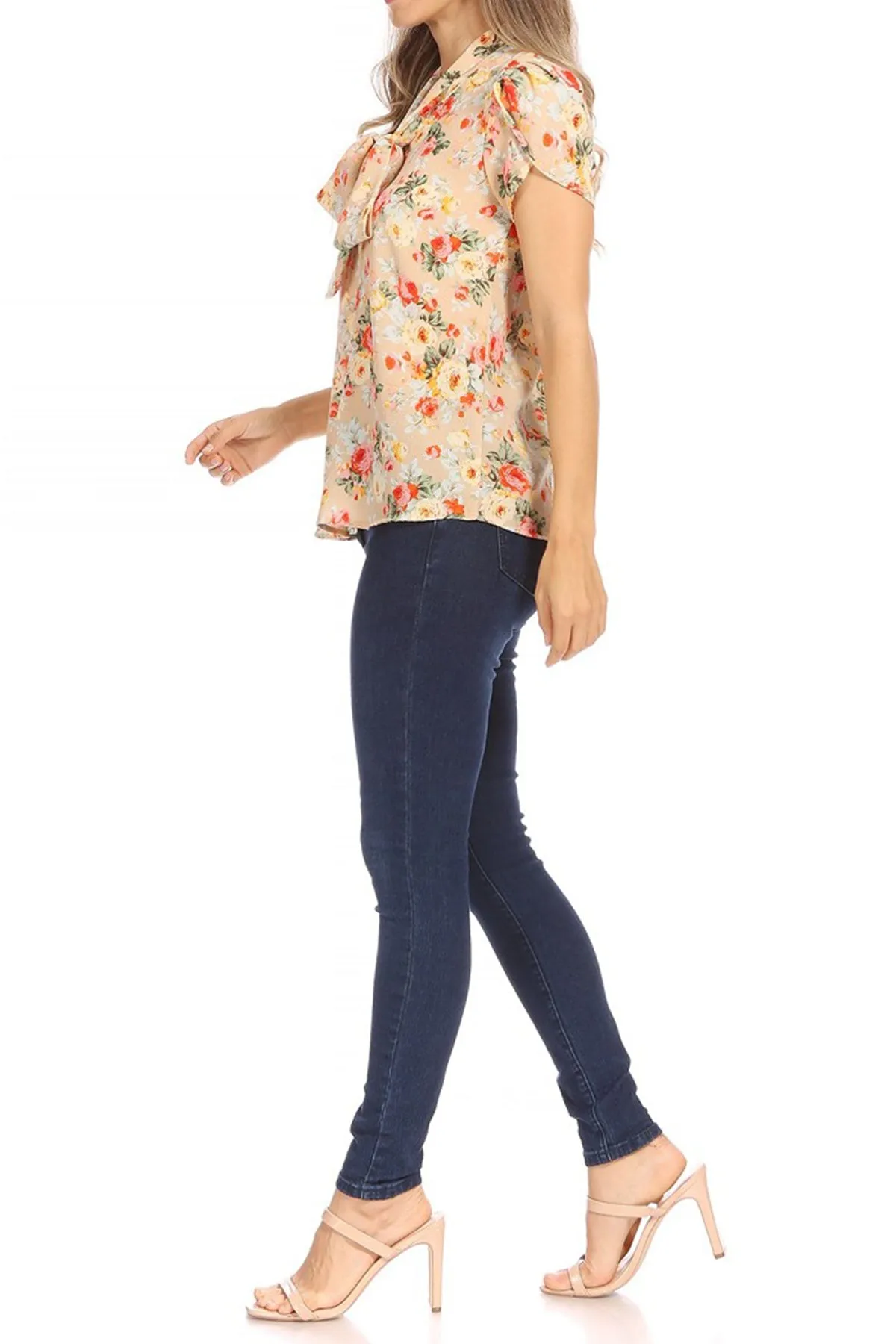Women's Casual Floral Petal Sleeve Bow Tie Neck Short Sleeve Blouse Shirt Top
