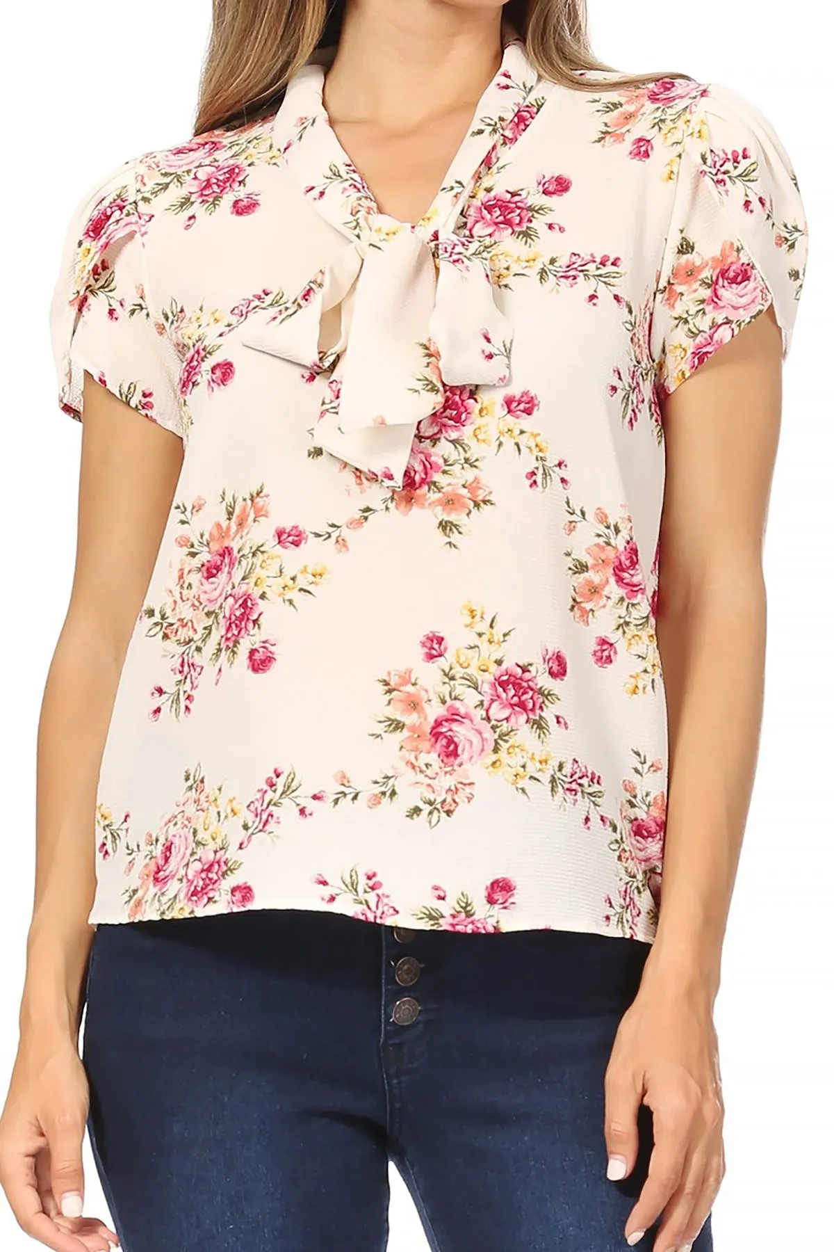 Women's Casual Floral Petal Sleeve Bow Tie Neck Short Sleeve Blouse Shirt Top