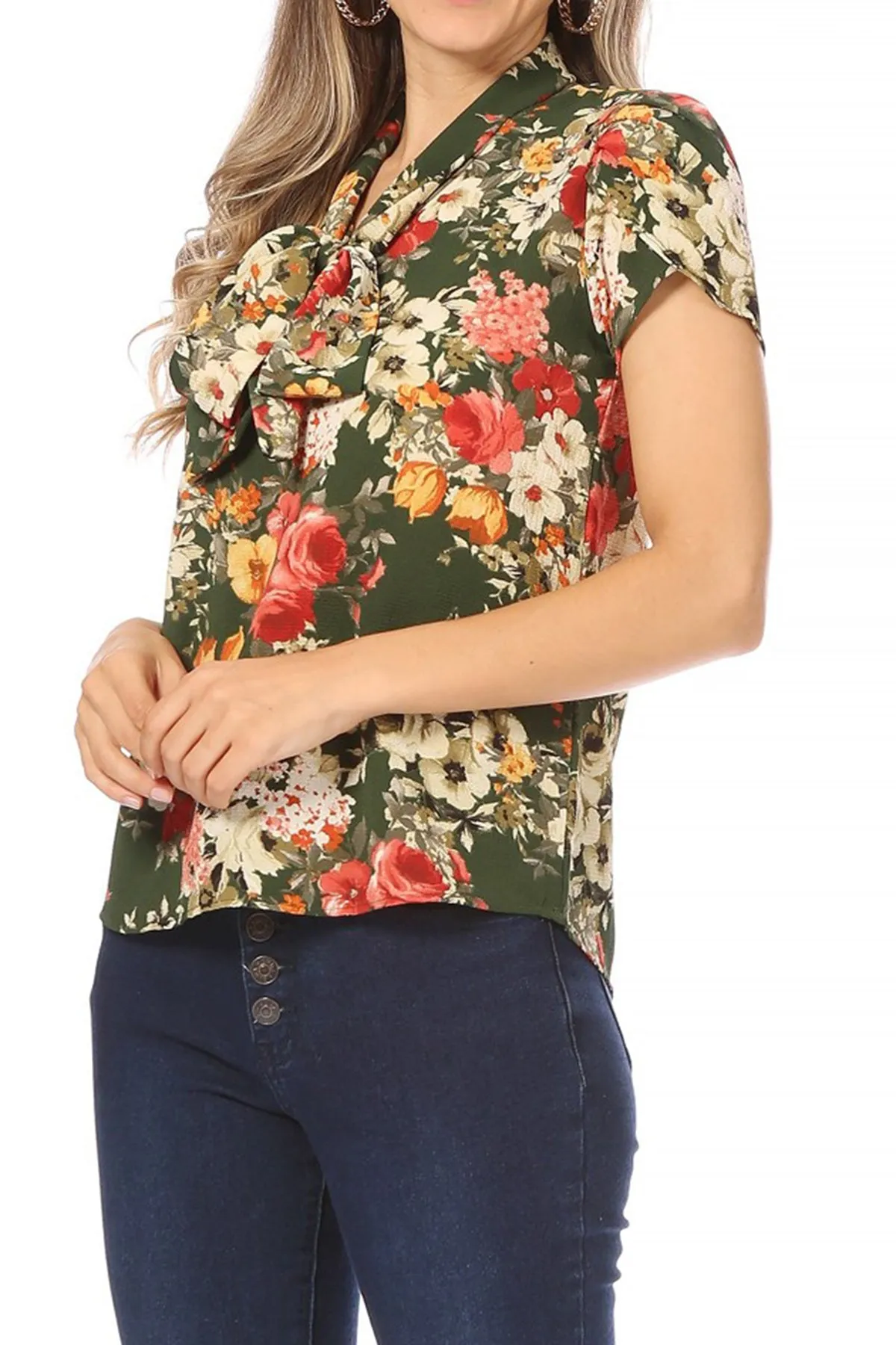 Women's Casual Floral Petal Sleeve Bow Tie Neck Short Sleeve Blouse Shirt Top