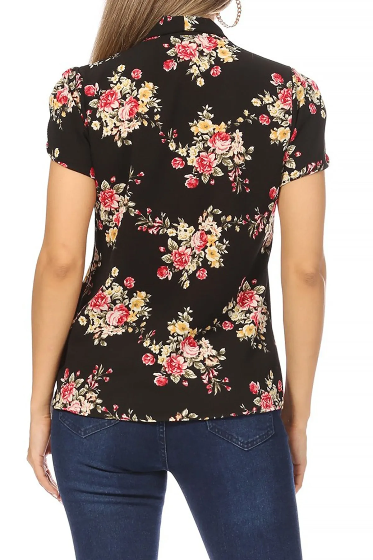 Women's Casual Floral Petal Sleeve Bow Tie Neck Short Sleeve Blouse Shirt Top