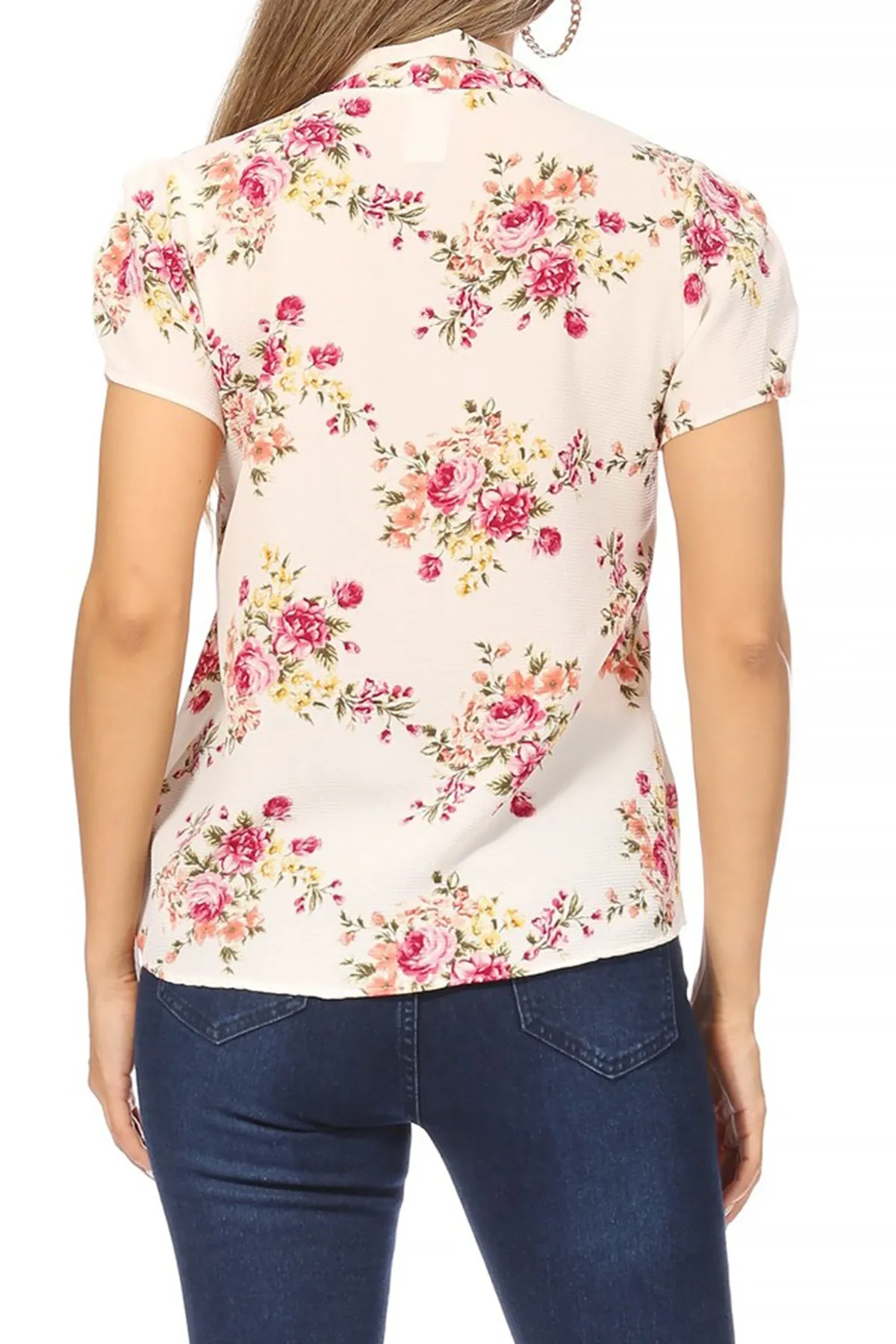 Women's Casual Floral Petal Sleeve Bow Tie Neck Short Sleeve Blouse Shirt Top