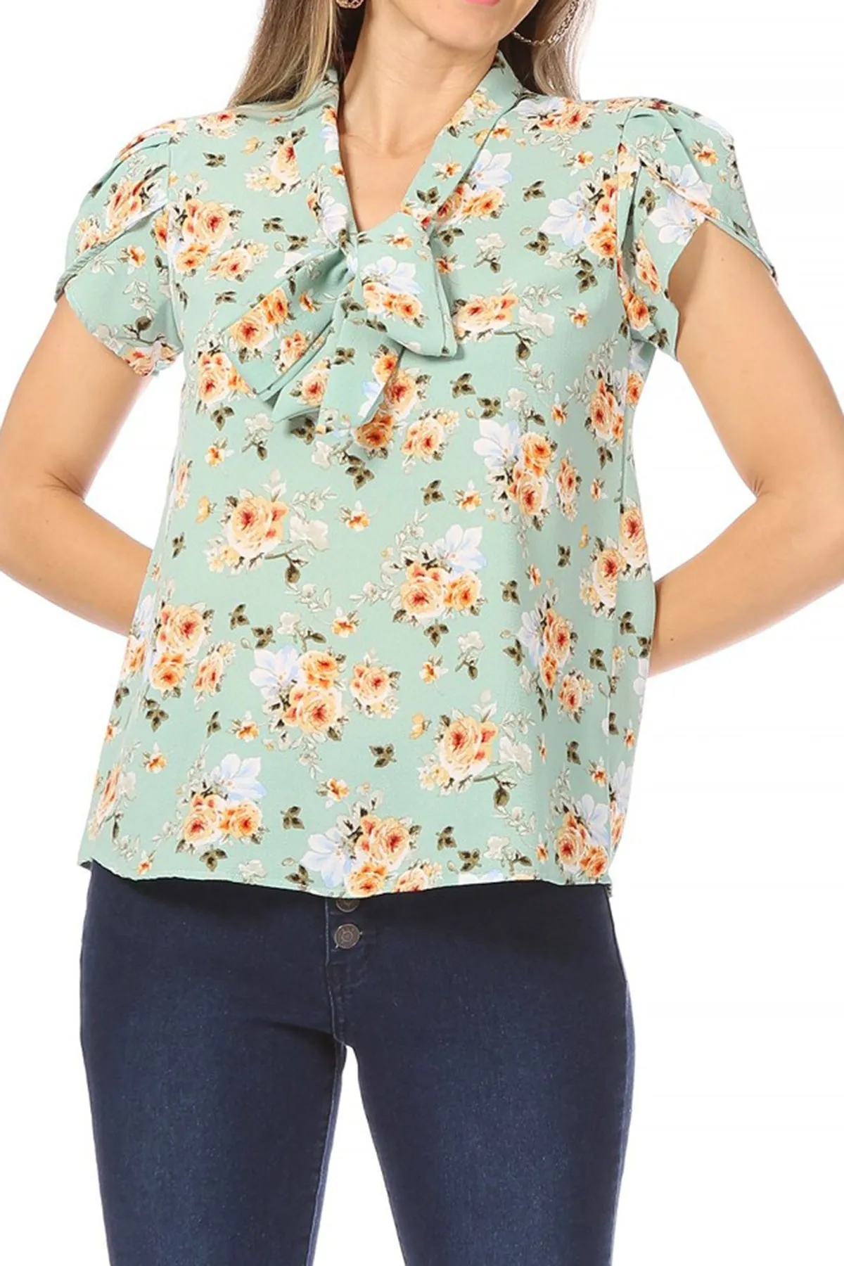 Women's Casual Floral Petal Sleeve Bow Tie Neck Short Sleeve Blouse Shirt Top