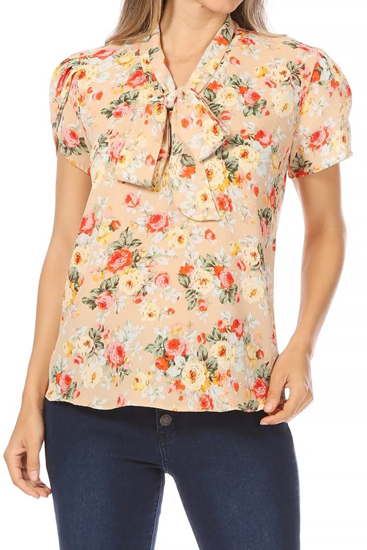 Women's Casual Floral Petal Sleeve Bow Tie Neck Short Sleeve Blouse Shirt Top